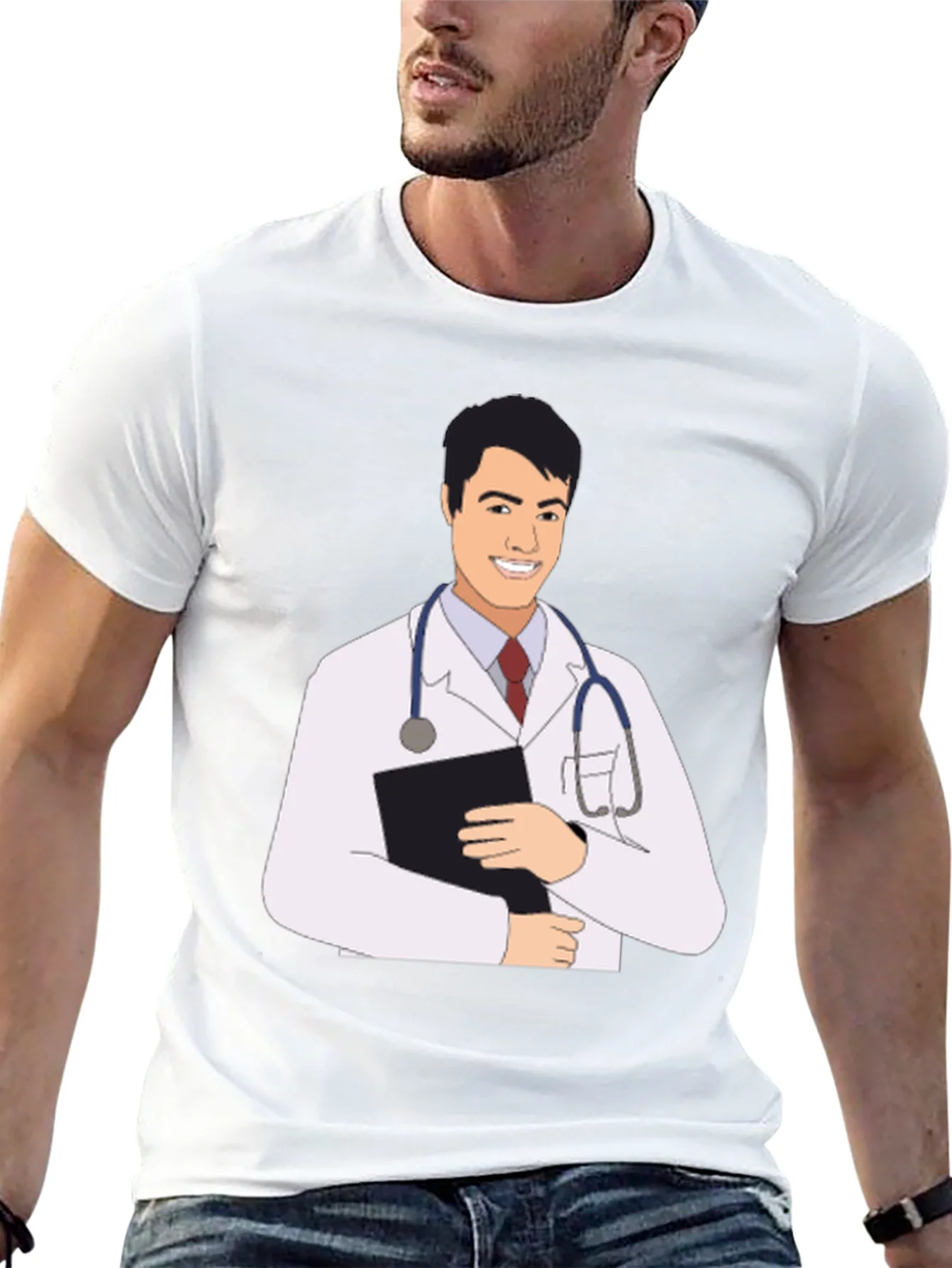 Camiseta Negra con Estampado de M¨¦dico Sonriente