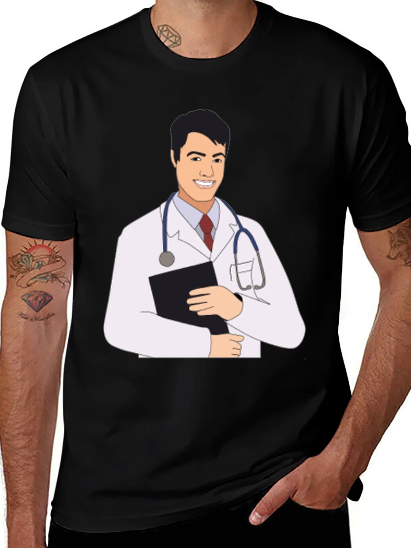 Camiseta Negra con Estampado de M¨¦dico Sonriente
