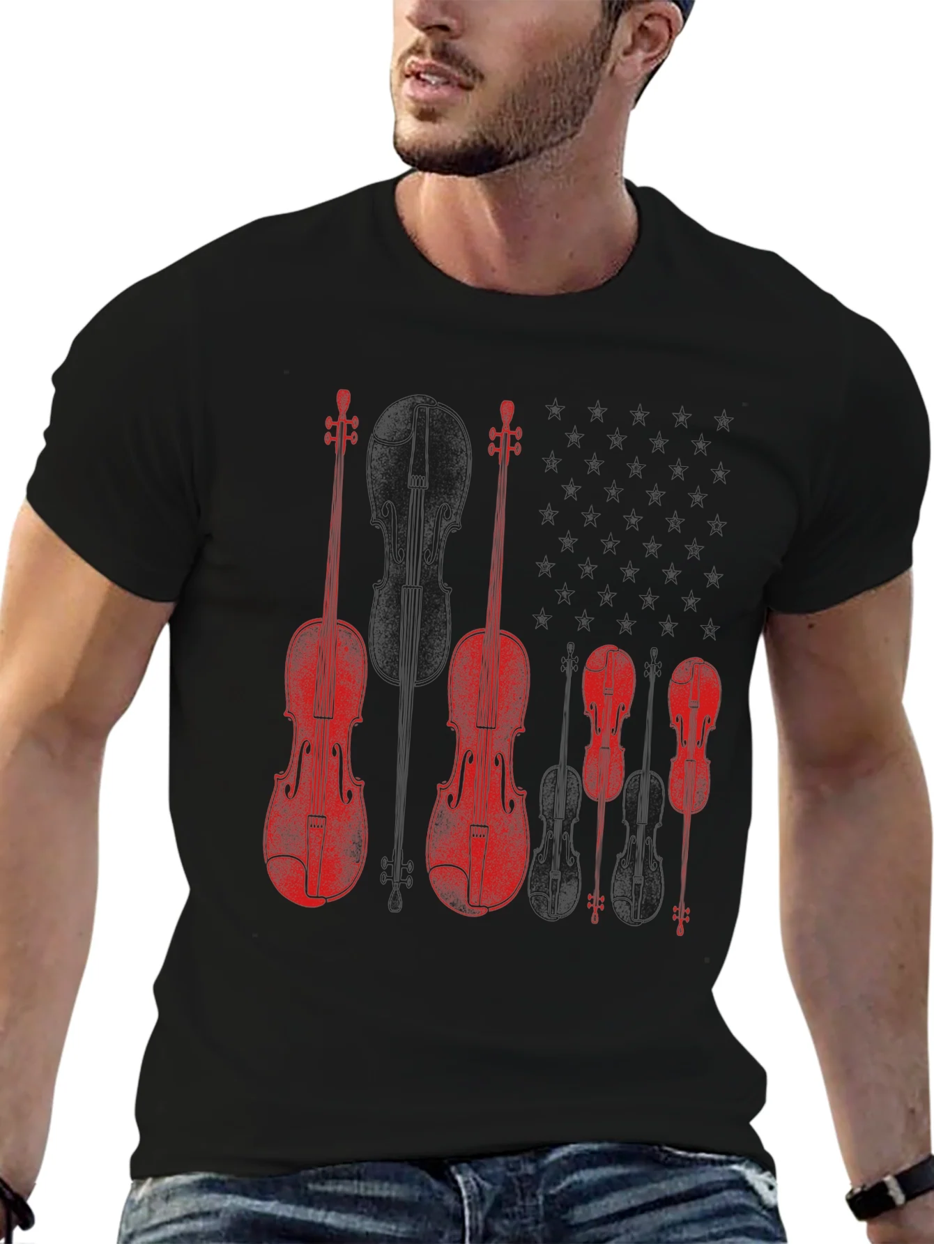 Camiseta Negra con Dise?o de Violines Rojos