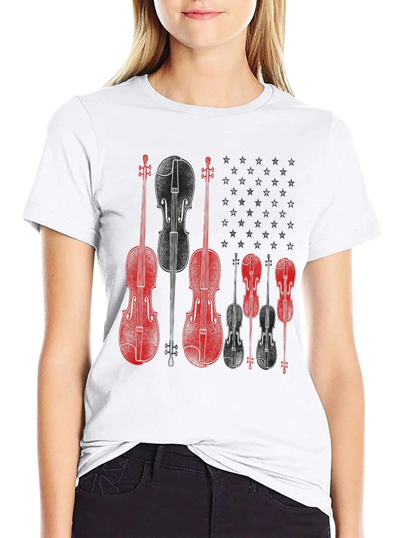 Camiseta Negra con Dise?o de Violines Rojos