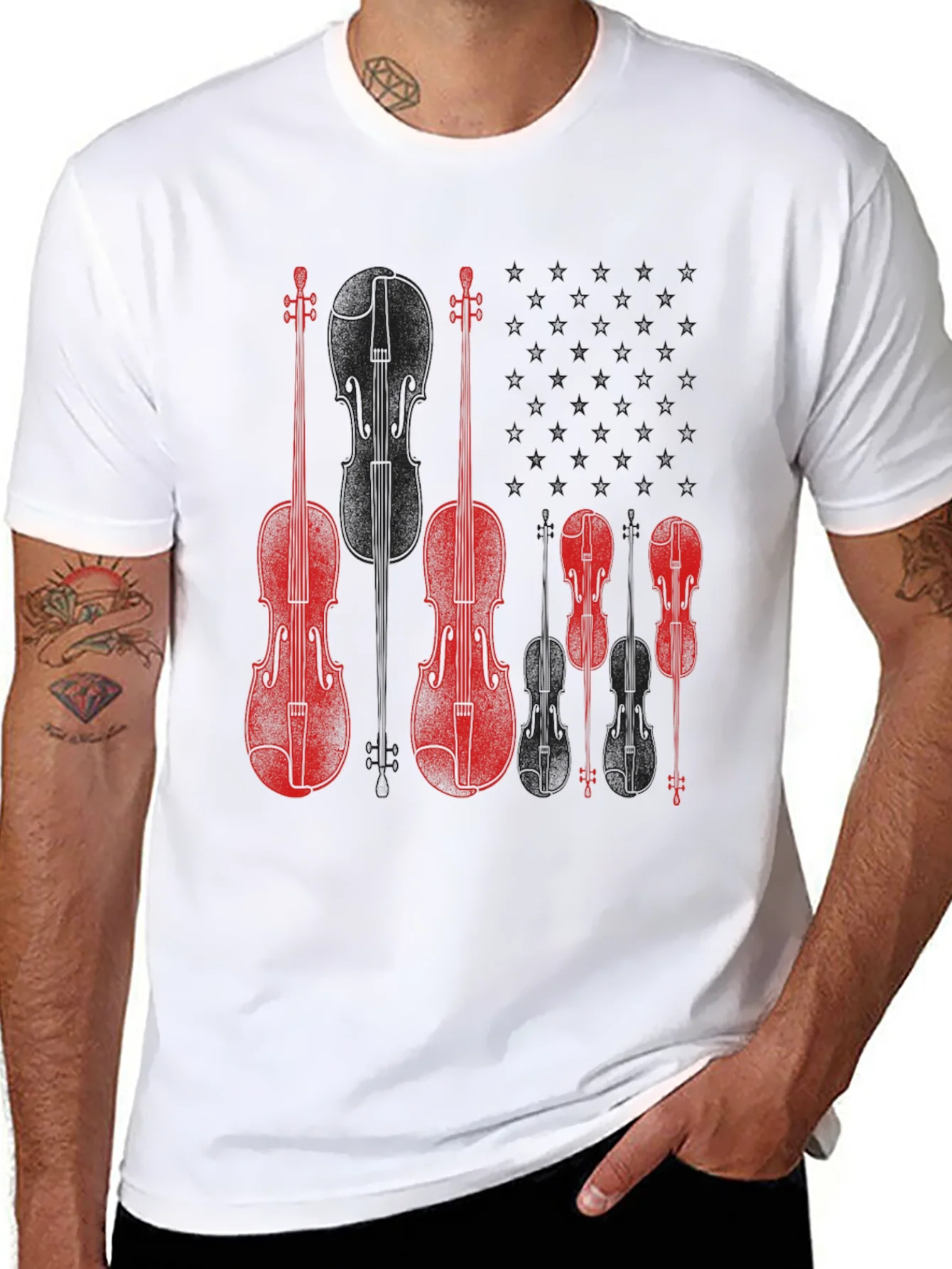 Camiseta Negra con Dise?o de Violines Rojos