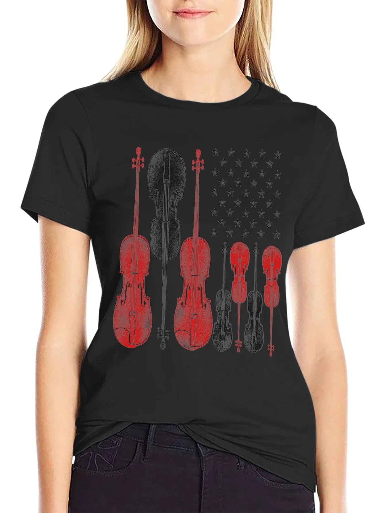 Camiseta Negra con Dise?o de Violines Rojos