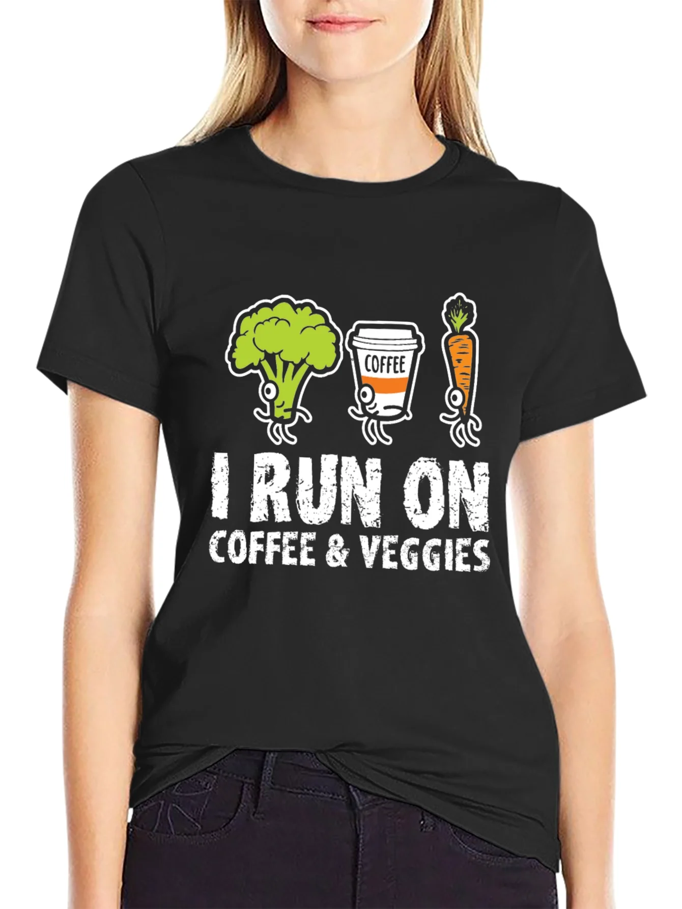 Rebbecca I Run on Coffee & Veggies Graphic T-Shirt