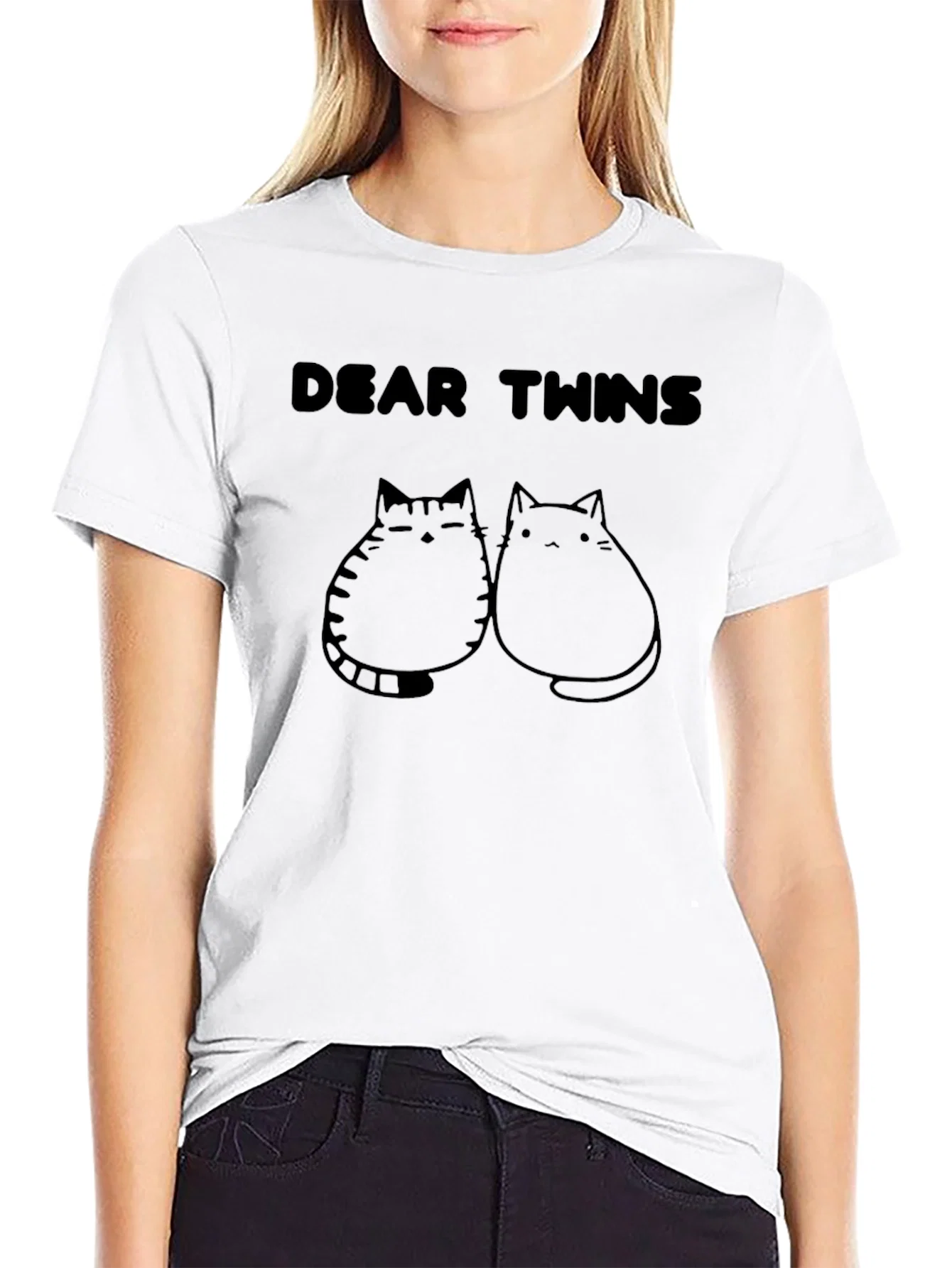 Rebbecca Dear Twins Cat Graphic Black T-Shirt