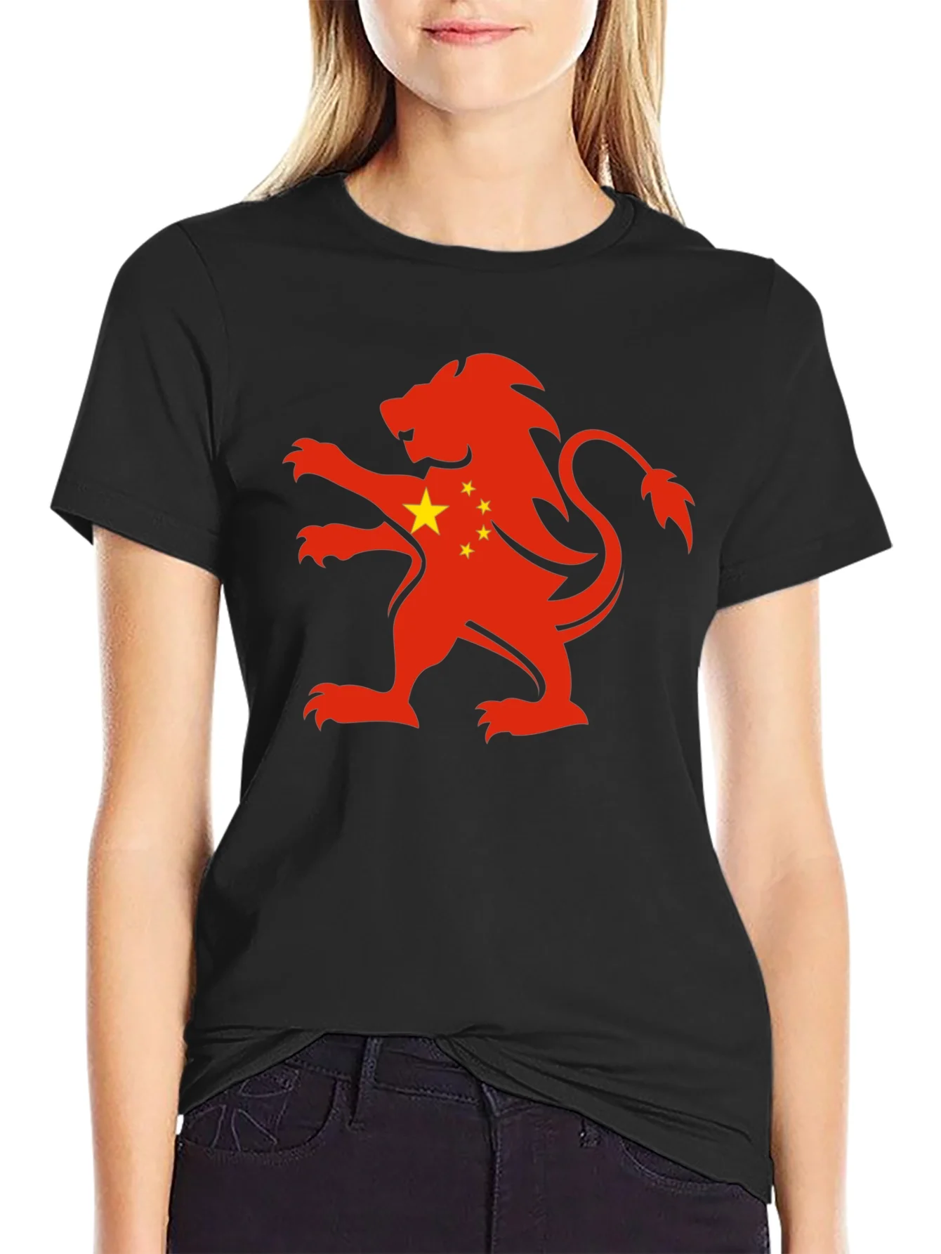 Rebbecca China Flag Lion Graphic Black T-Shirt