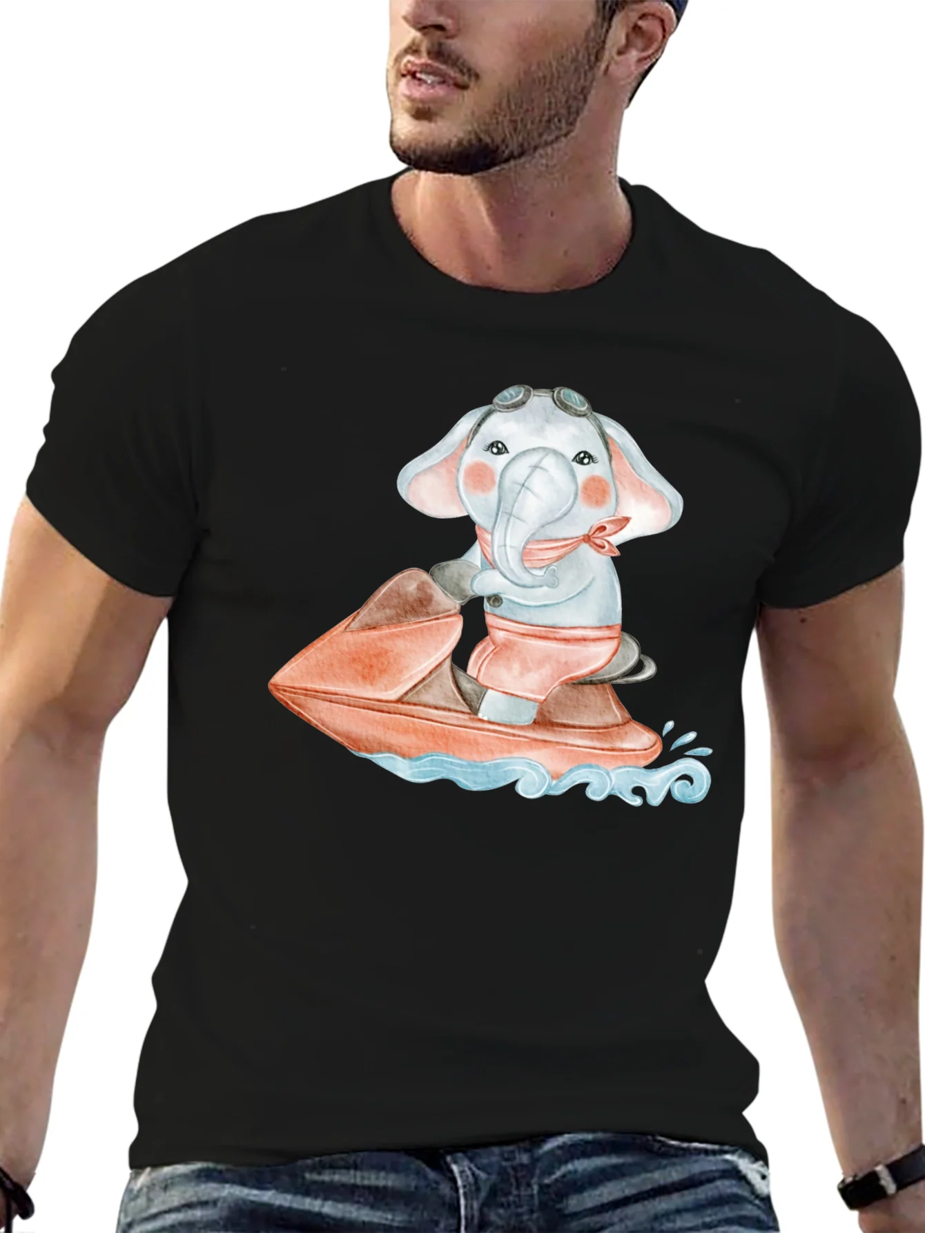 Camiseta Negra con Elefante en Moto Acu¨¢tica