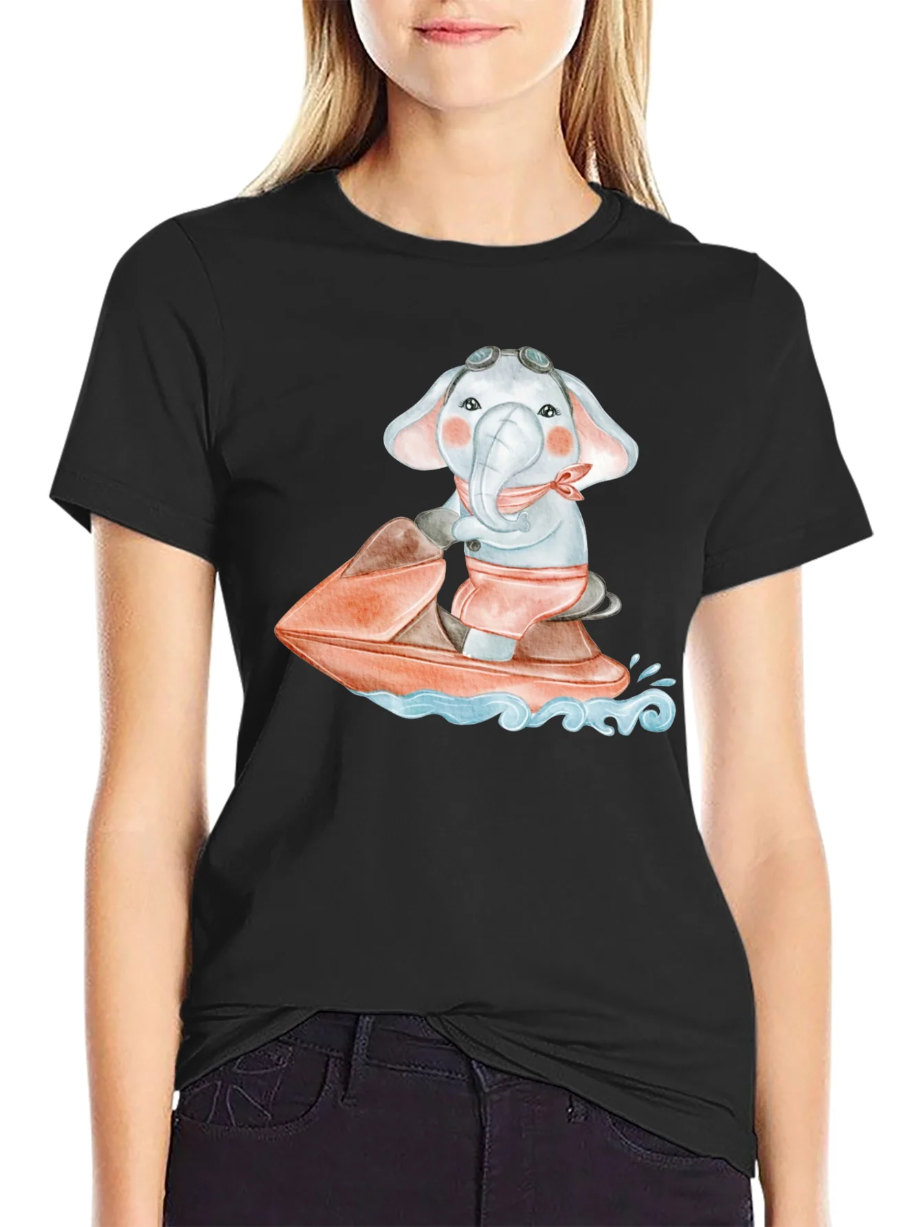 Camiseta Negra con Elefante en Moto Acu¨¢tica