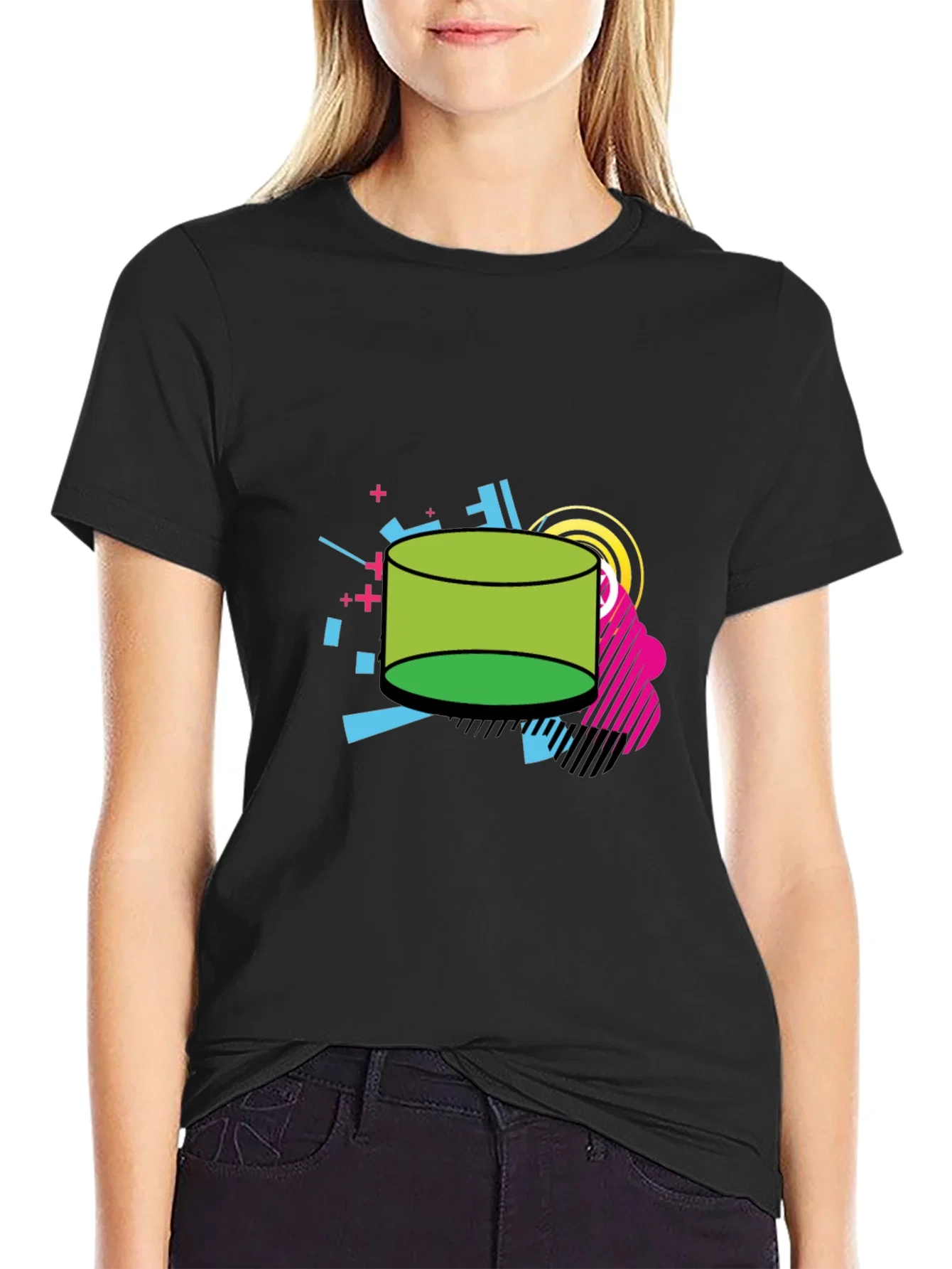 Rebbecca Retro Geometric Green Cylinder Black T-Shirt