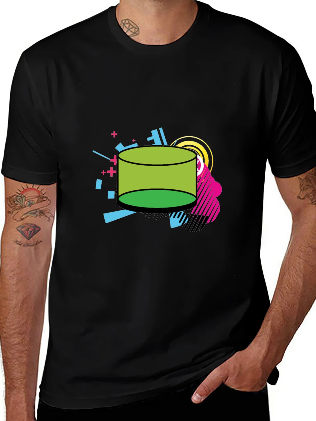 Rebbecca Retro Geometric Green Cylinder Black T-Shirt