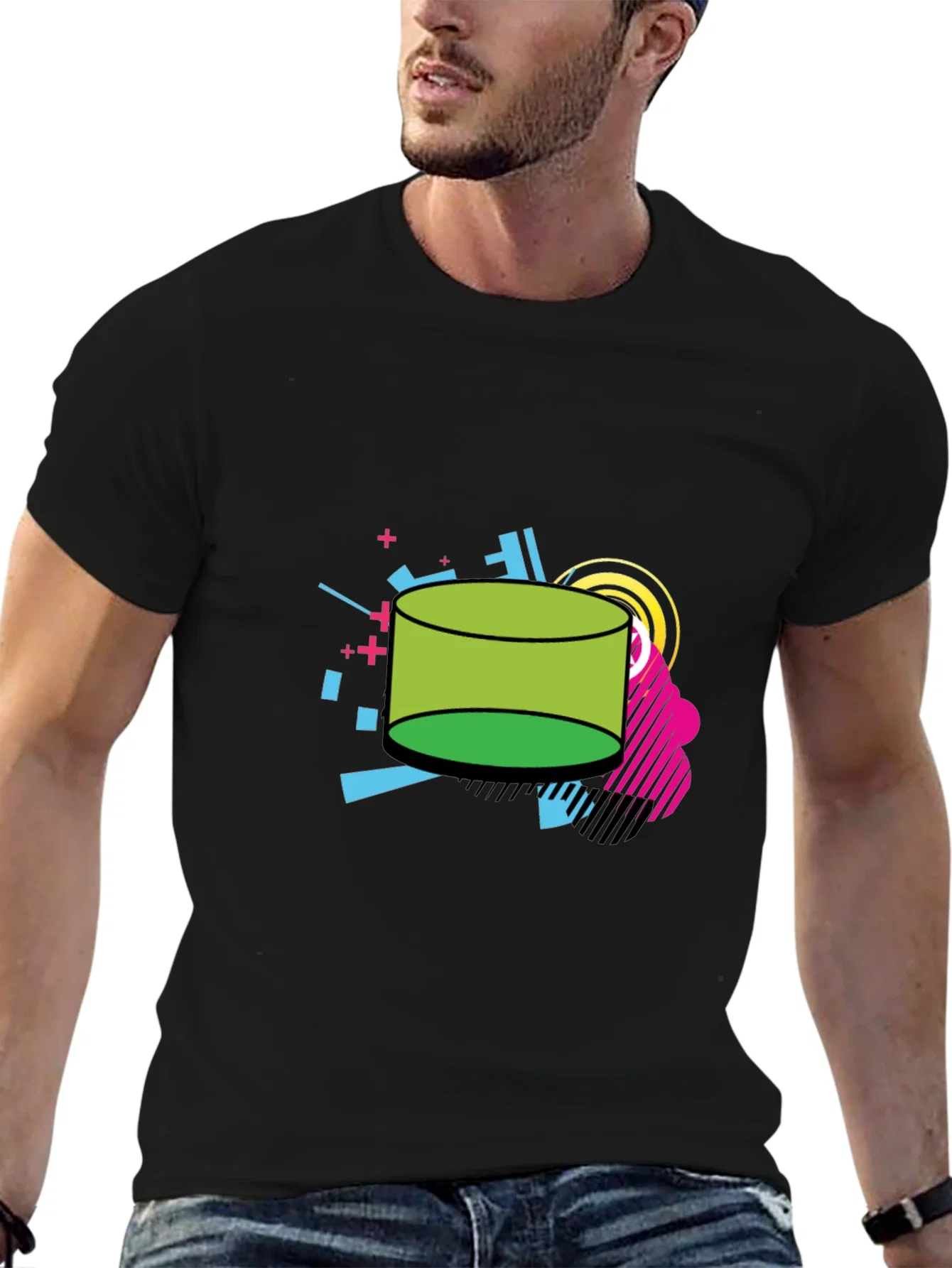 Rebbecca Retro Geometric Green Cylinder Black T-Shirt