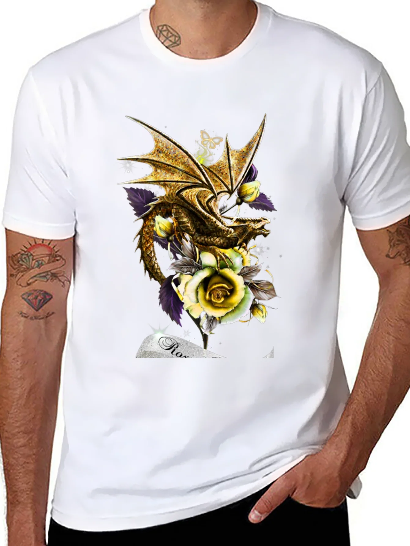 Camiseta Negra Drag¨®n Dorado y Rosas