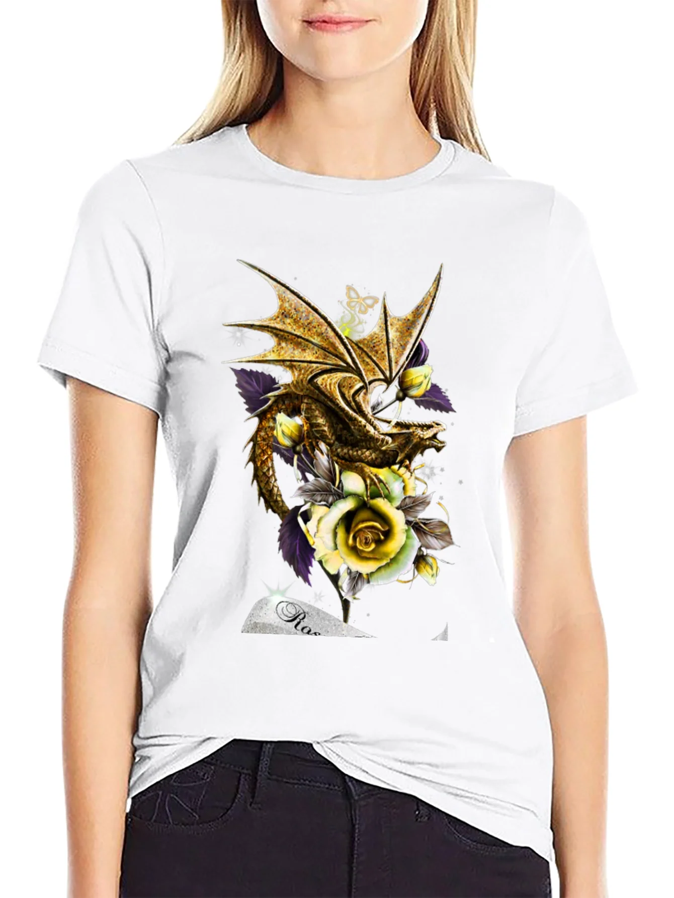 Camiseta Negra Drag¨®n Dorado y Rosas