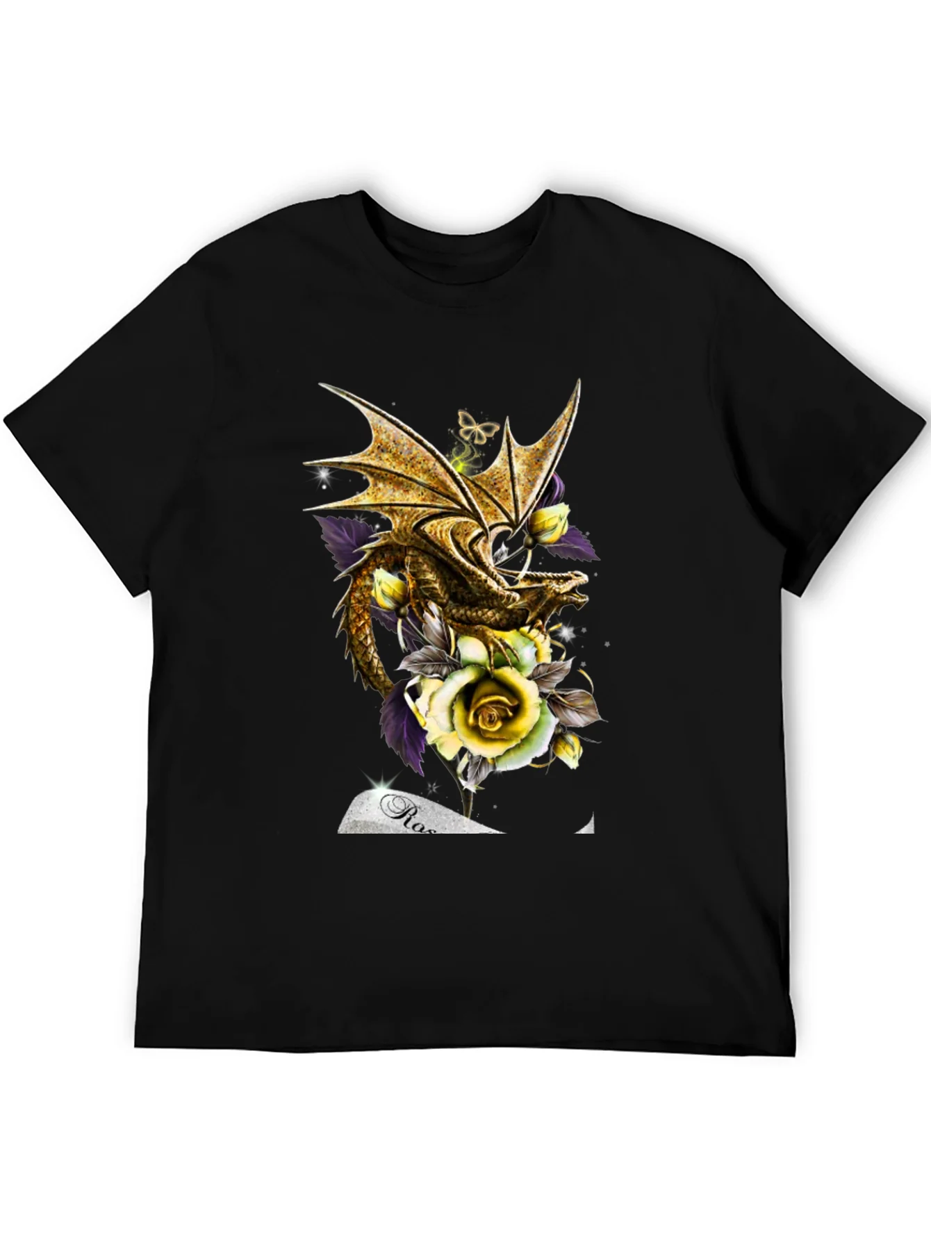 Camiseta Negra Drag¨®n Dorado y Rosas