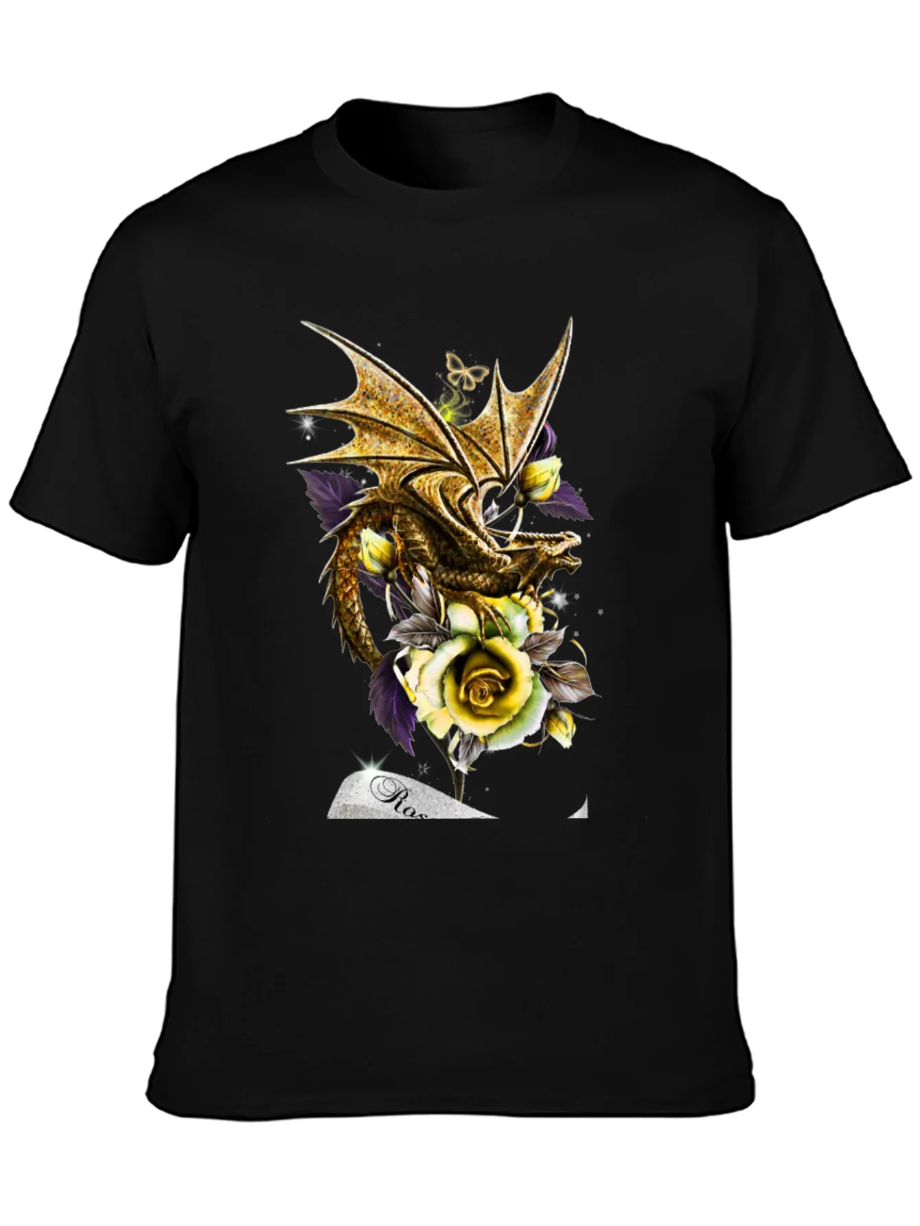 Camiseta Negra Drag¨®n Dorado y Rosas