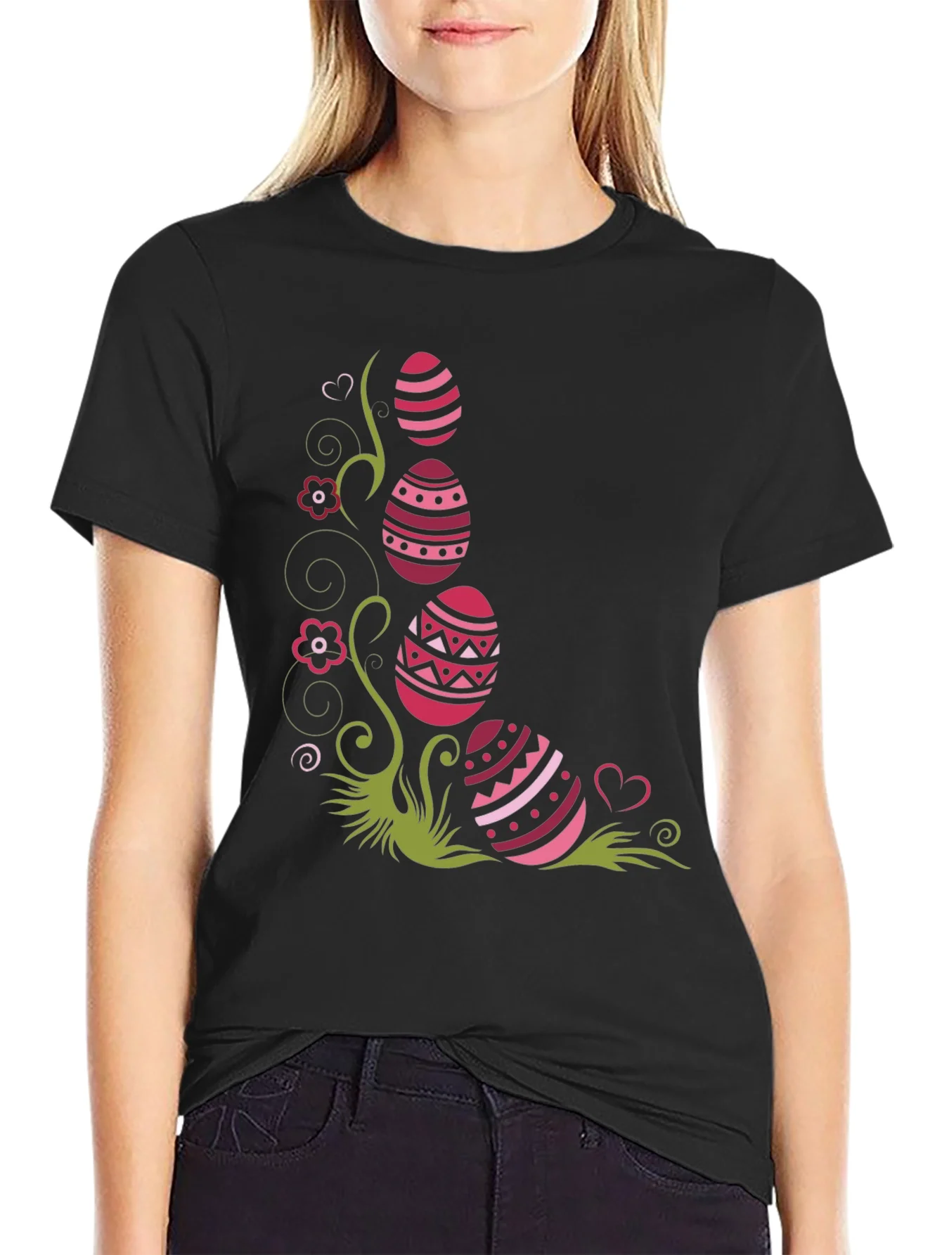 Rebbecca Easter Eggs Graphic Tee - Black Cotton Shirt