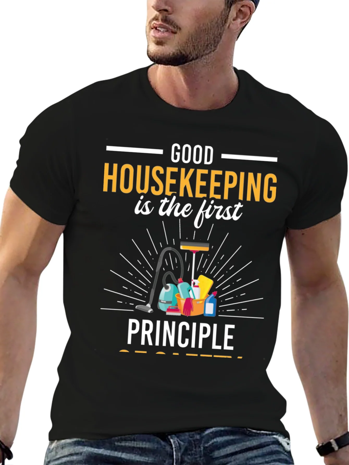 Camiseta Negra con Dise?o de Limpieza Housekeeping
