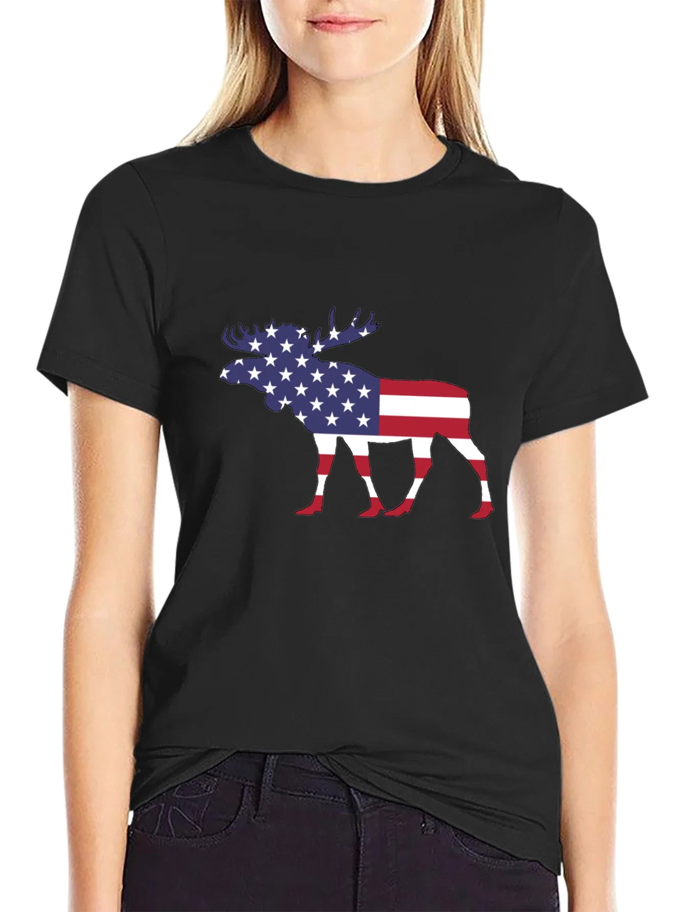 Rebbecca American Flag Moose Graphic T-Shirt