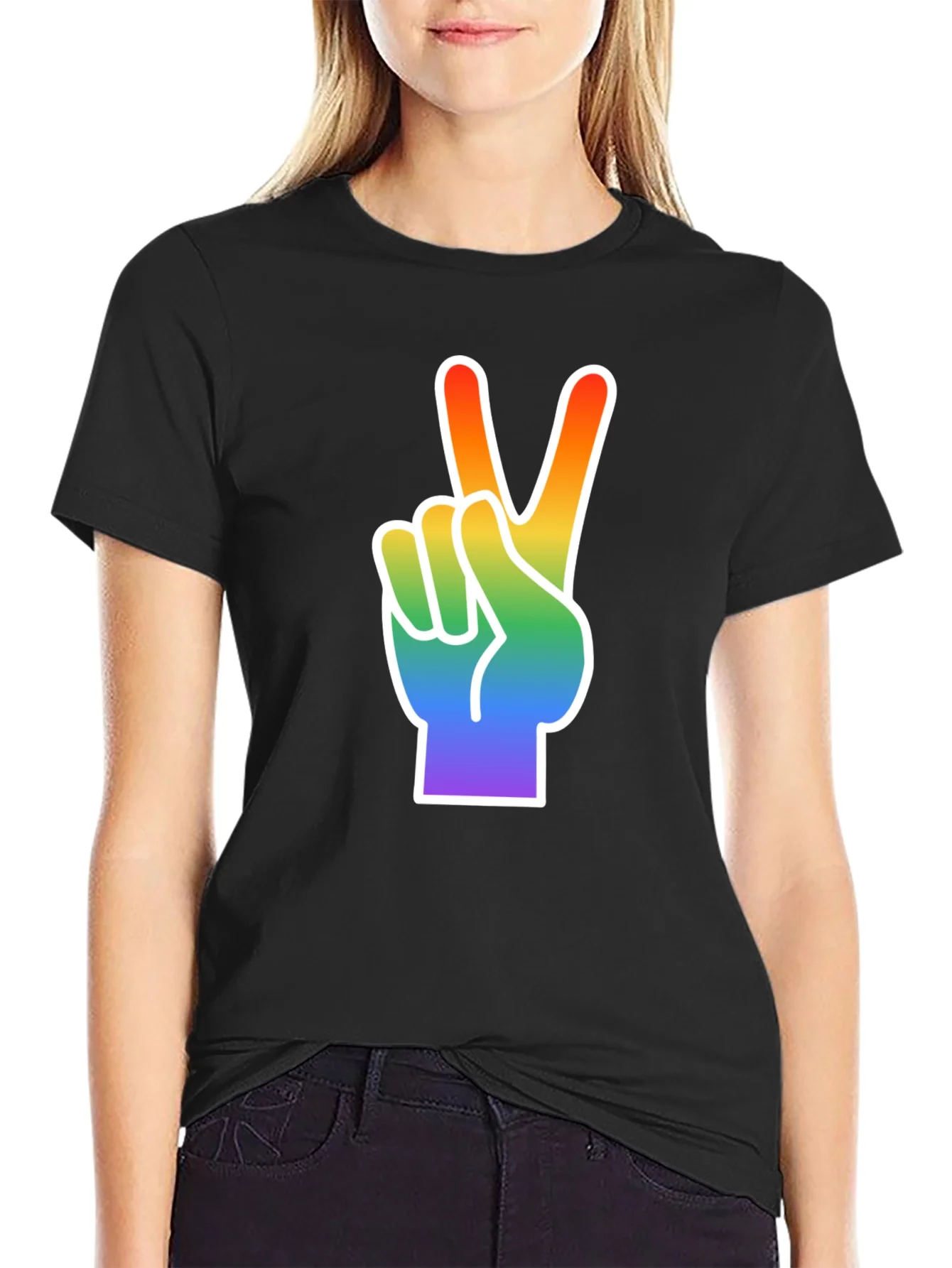 Rebbecca Rainbow Peace Sign Graphic Tee - Black