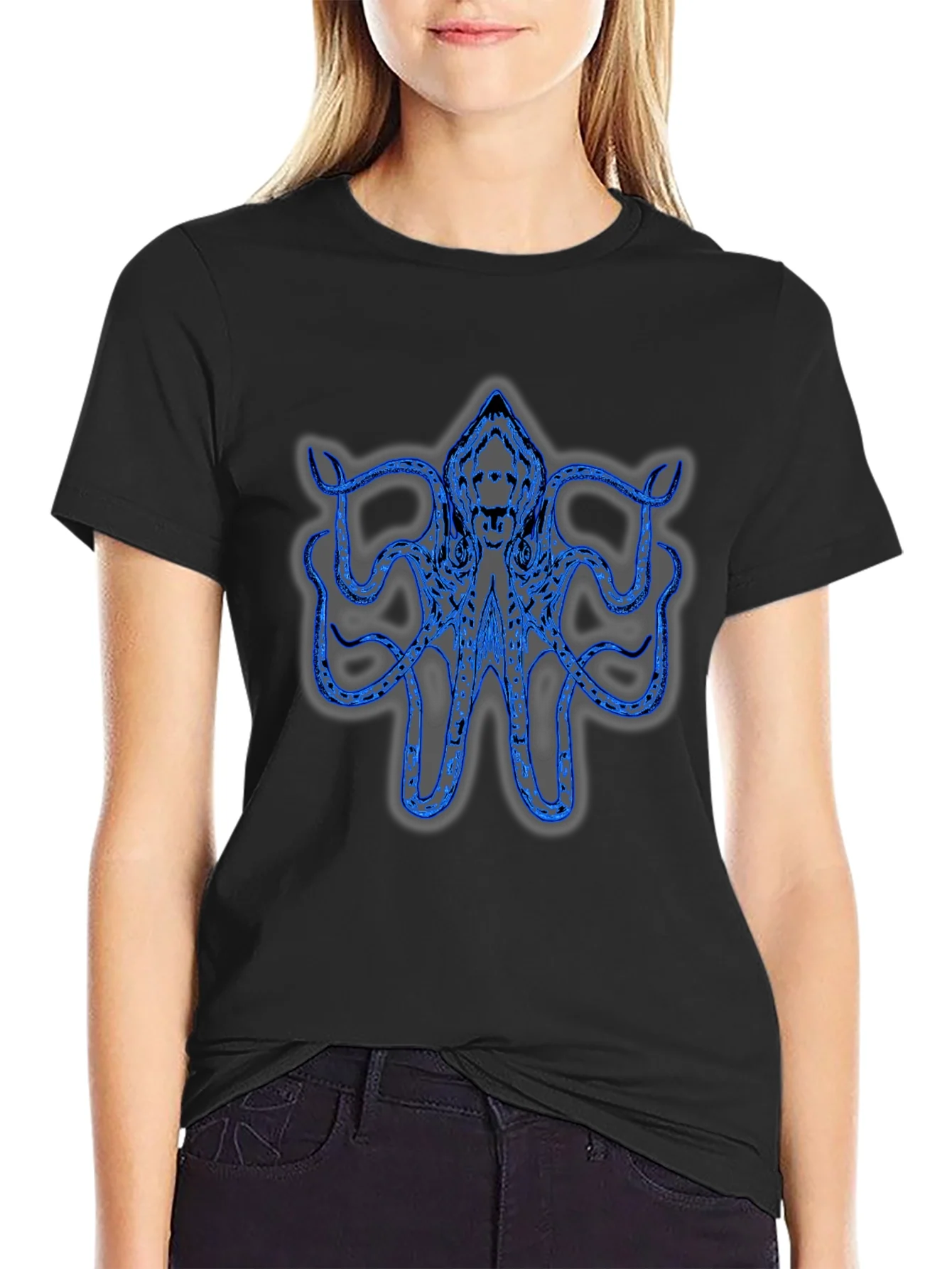 Camiseta Negra con Dise?o de Pulpo Azul