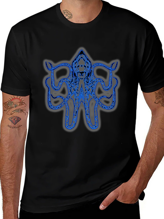 Camiseta Negra con Dise?o de Pulpo Azul