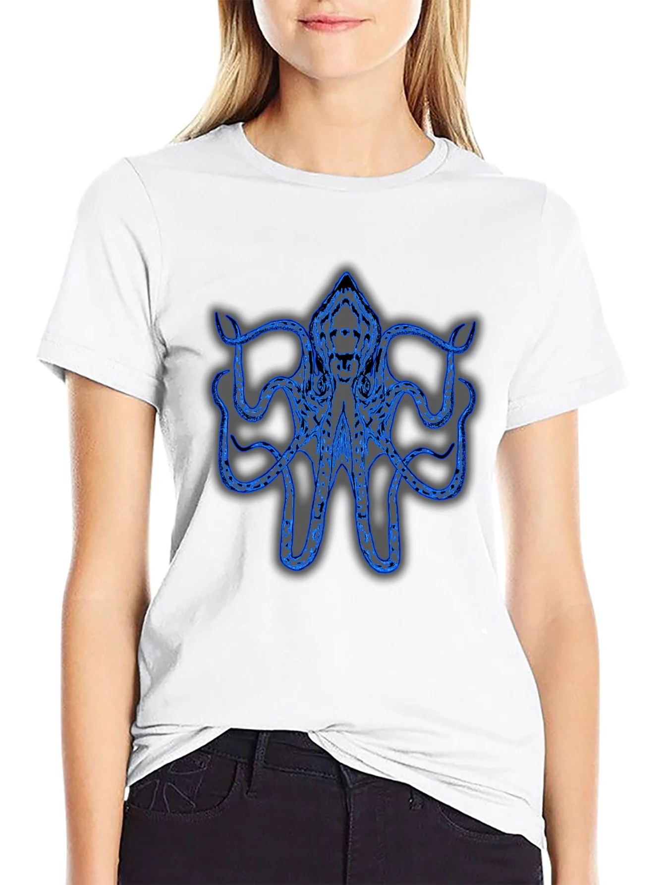 Camiseta Negra con Dise?o de Pulpo Azul
