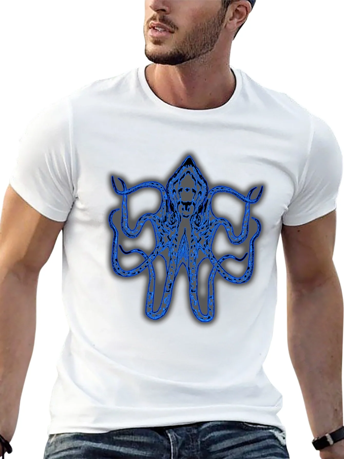 Camiseta Negra con Dise?o de Pulpo Azul