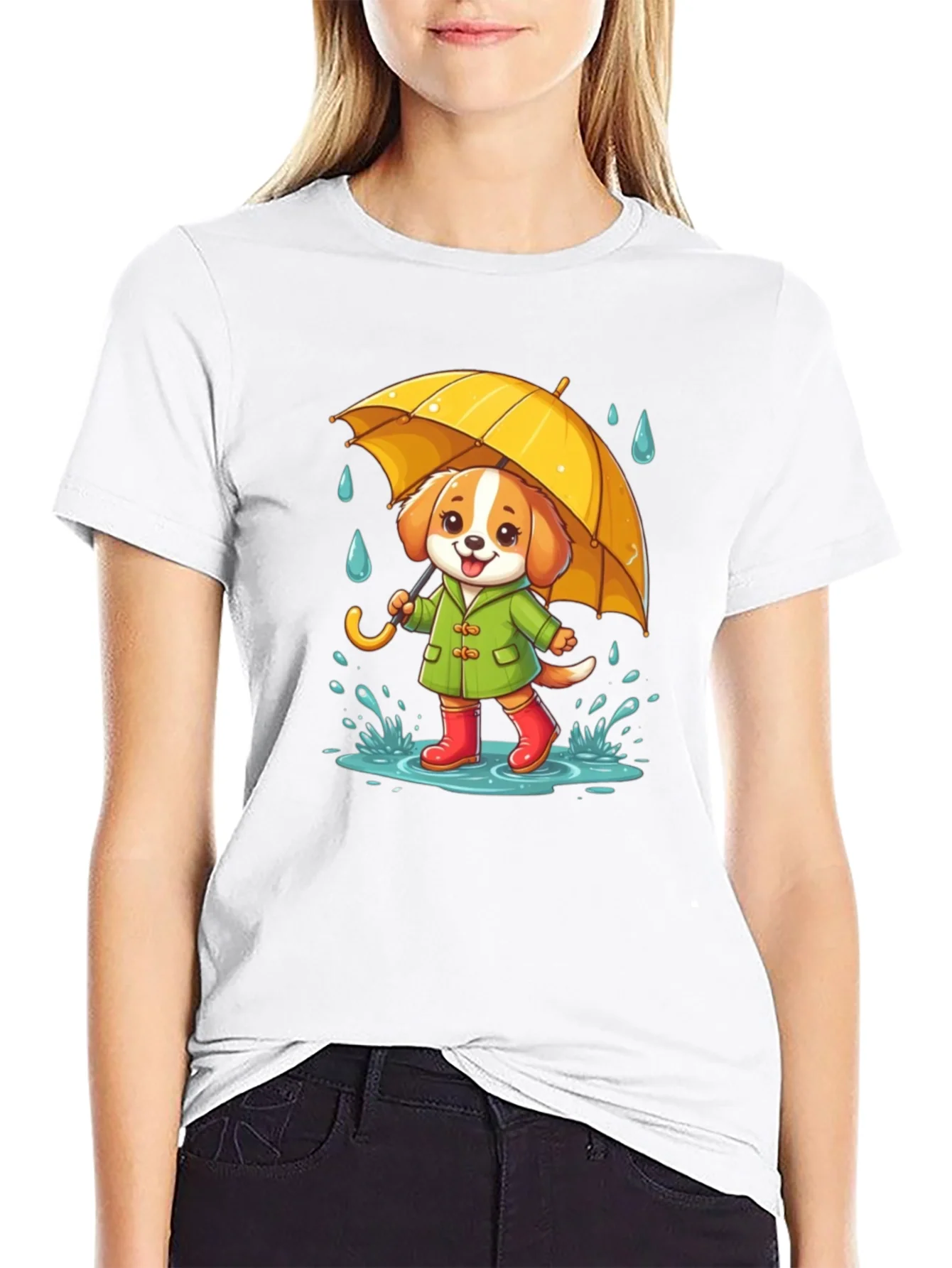 Rebbecca Cute Dog in Rain T-Shirt