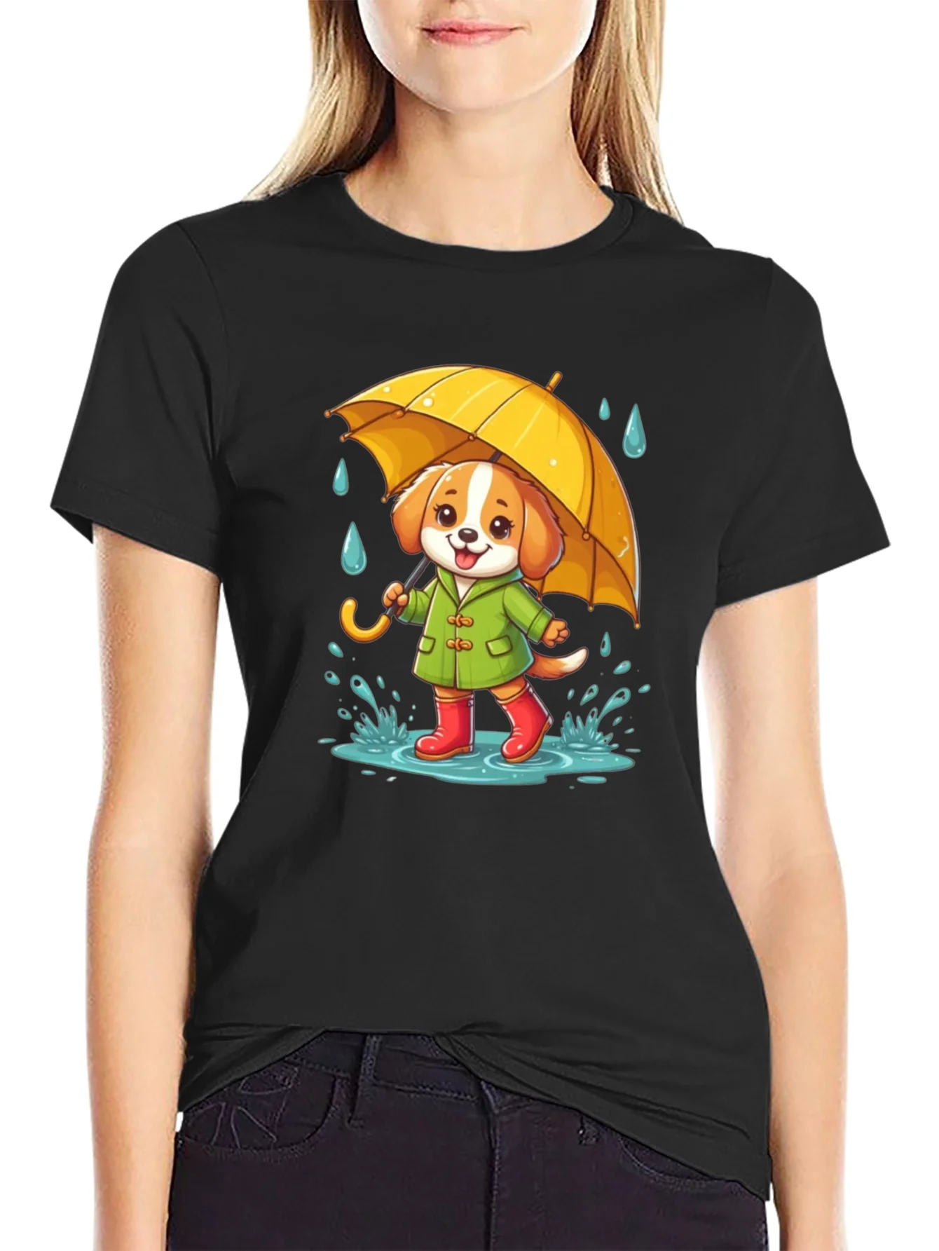 Rebbecca Cute Dog in Rain T-Shirt