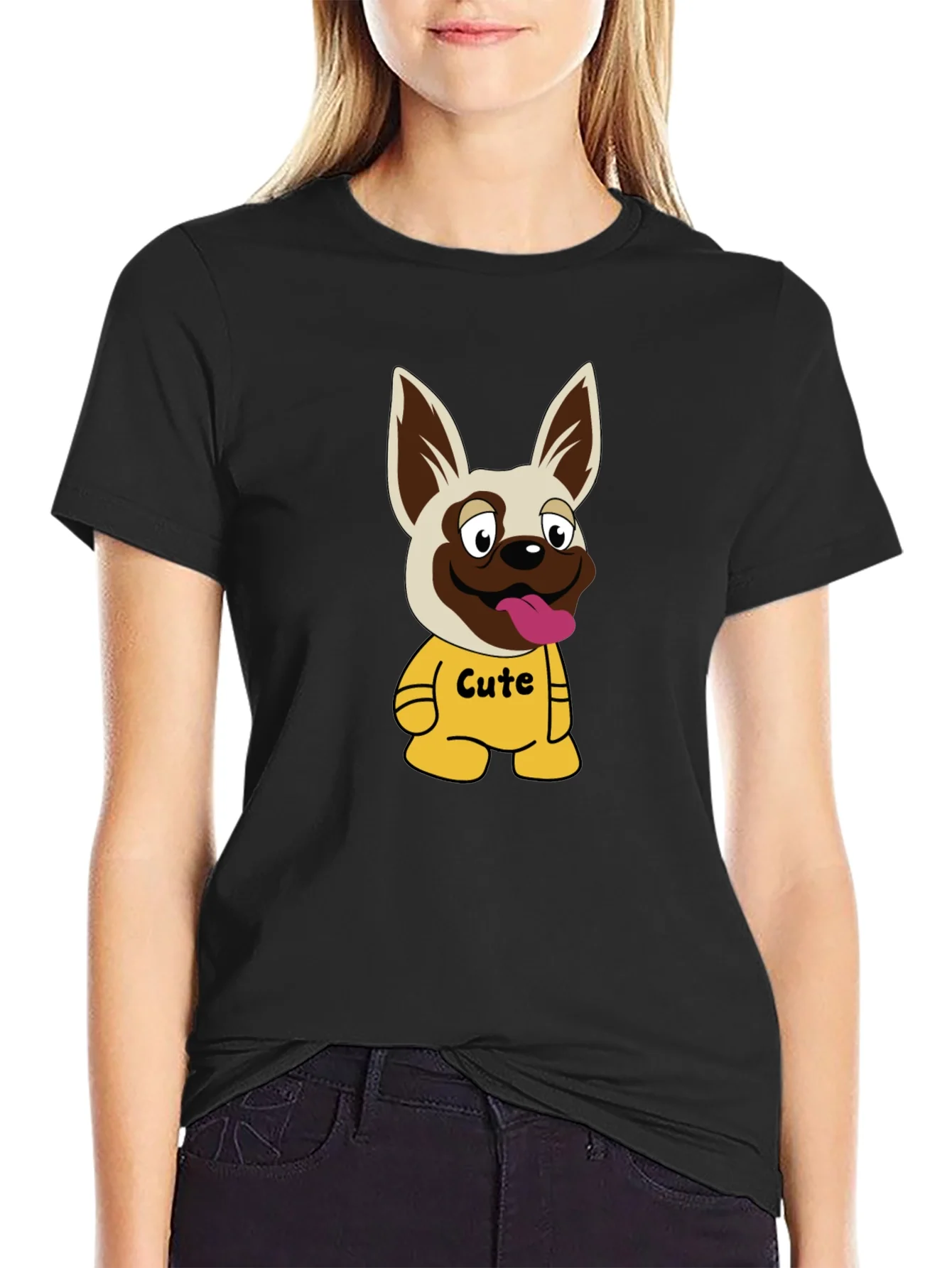 Camiseta Negra con Estampado de Perrito Cute