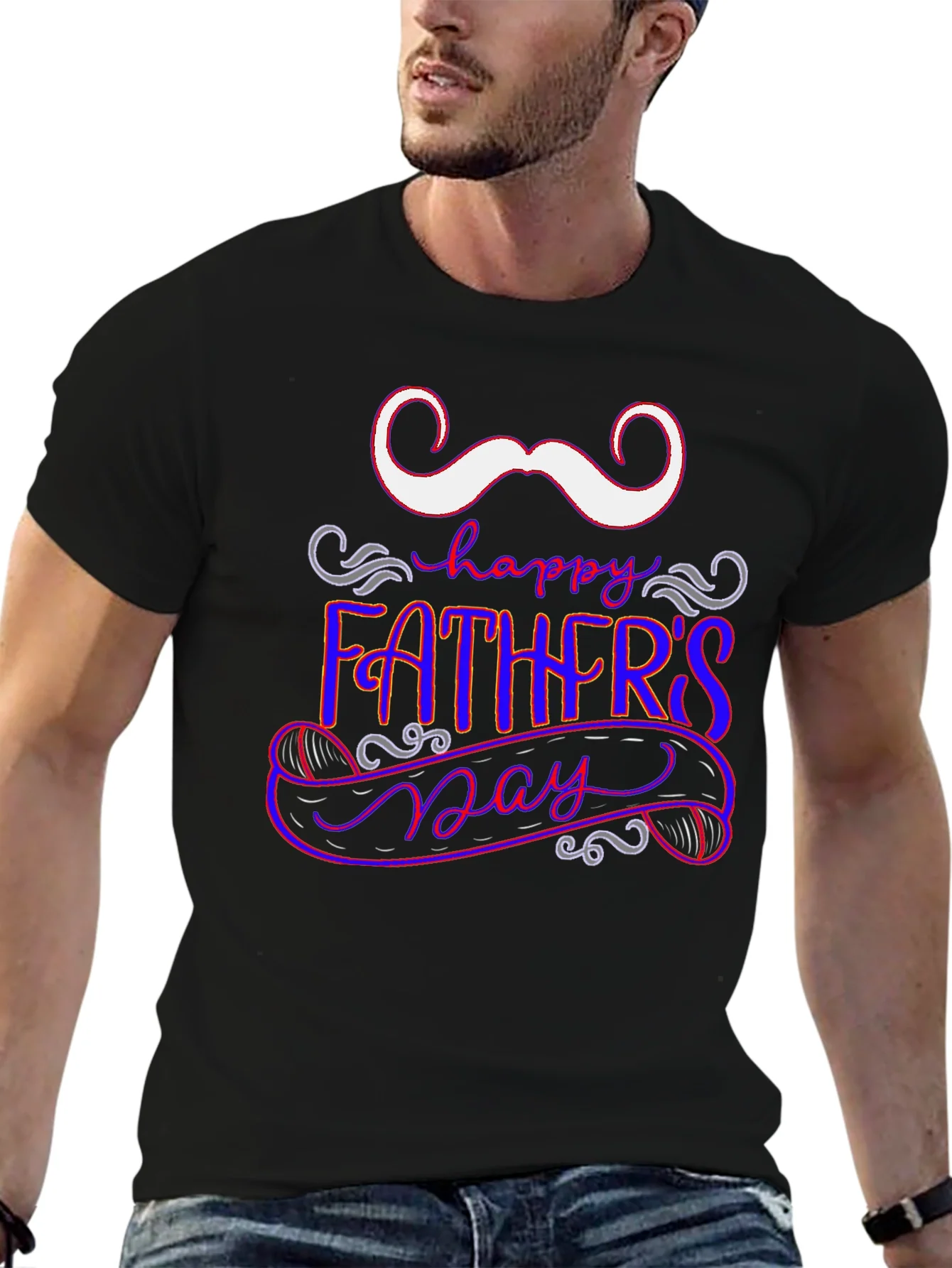 Camiseta Negra Feliz D¨ªa del Padre Bigote Divertido