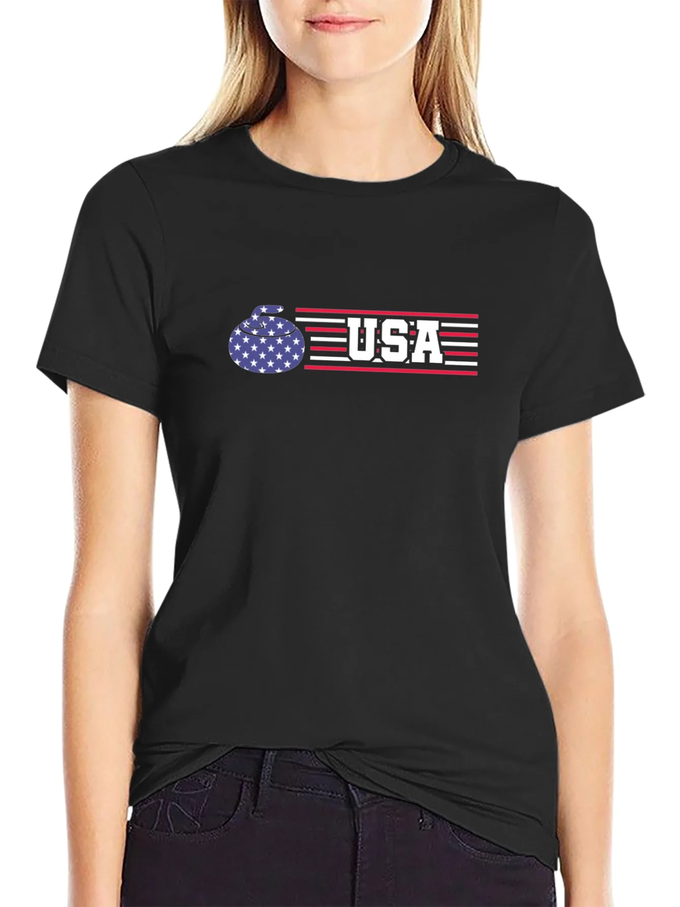 Camiseta Negra USA Curling - Dise?o Patri¨®tico