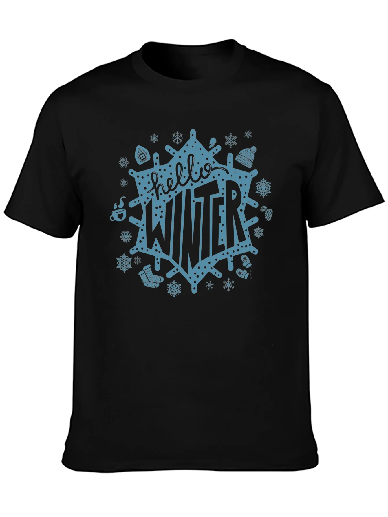 Camiseta Negra Hello Winter Dise?o Festivo Invernal