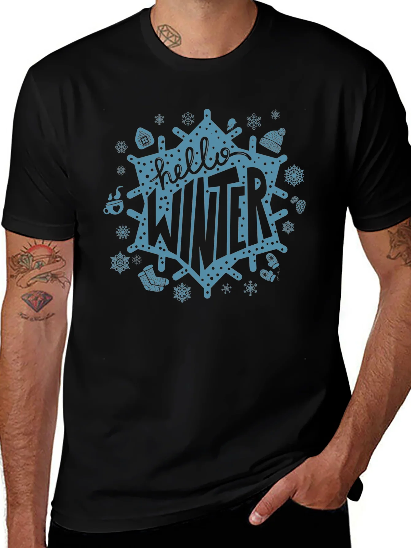 Camiseta Negra Hello Winter Dise?o Festivo Invernal