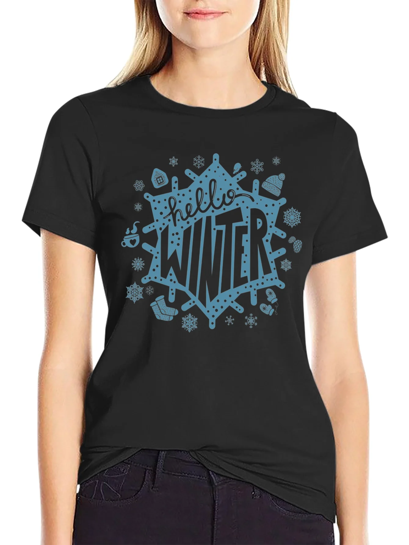 Camiseta Negra Hello Winter Dise?o Festivo Invernal