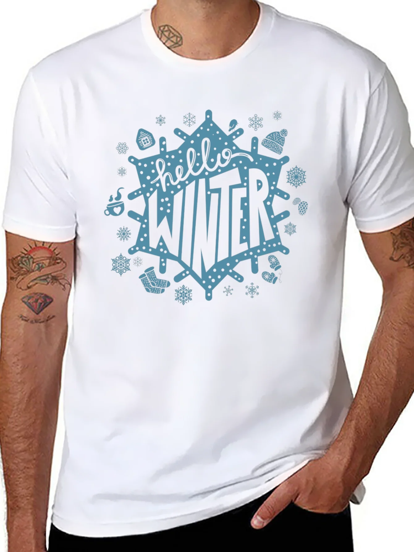 Camiseta Negra Hello Winter Dise?o Festivo Invernal