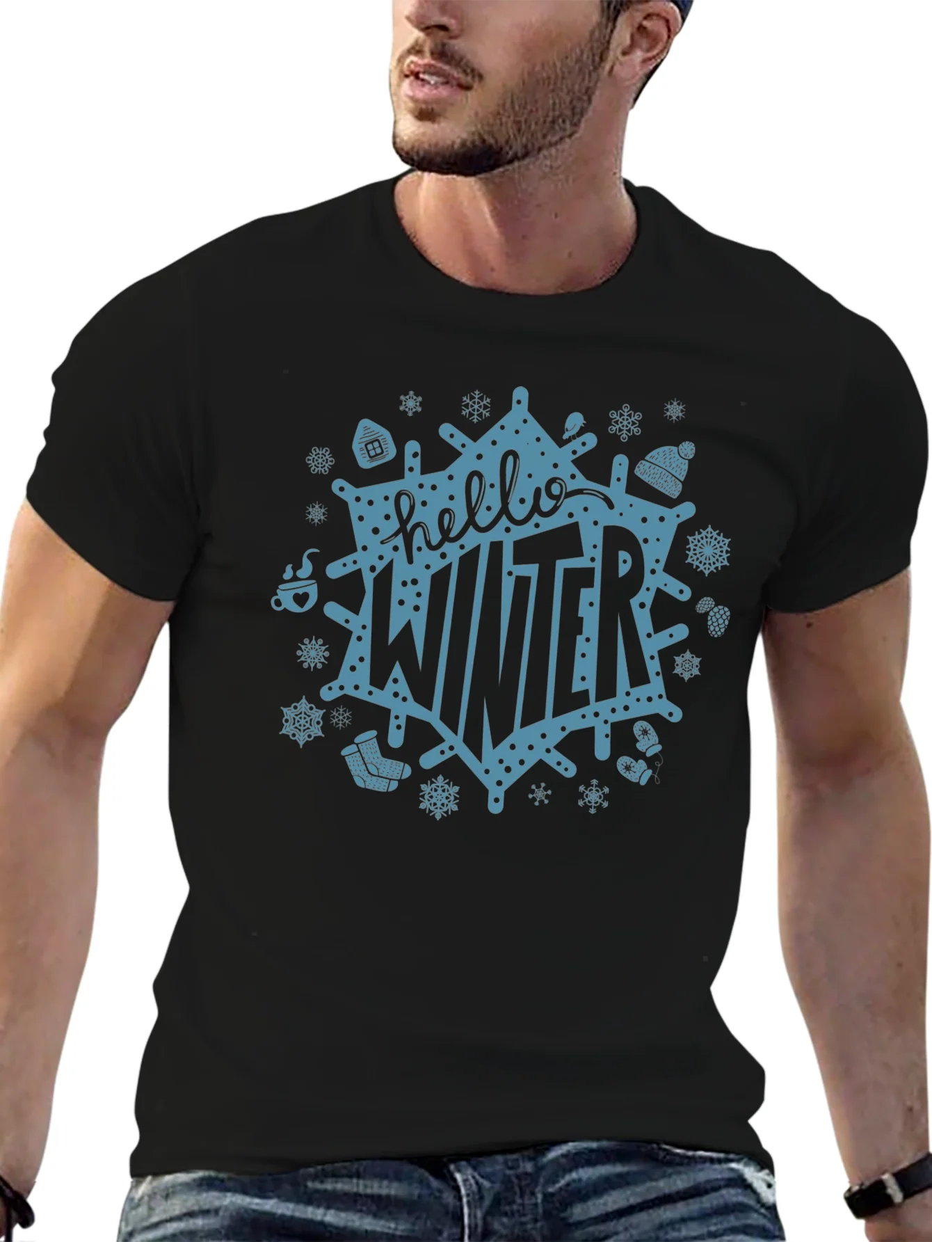 Camiseta Negra Hello Winter Dise?o Festivo Invernal