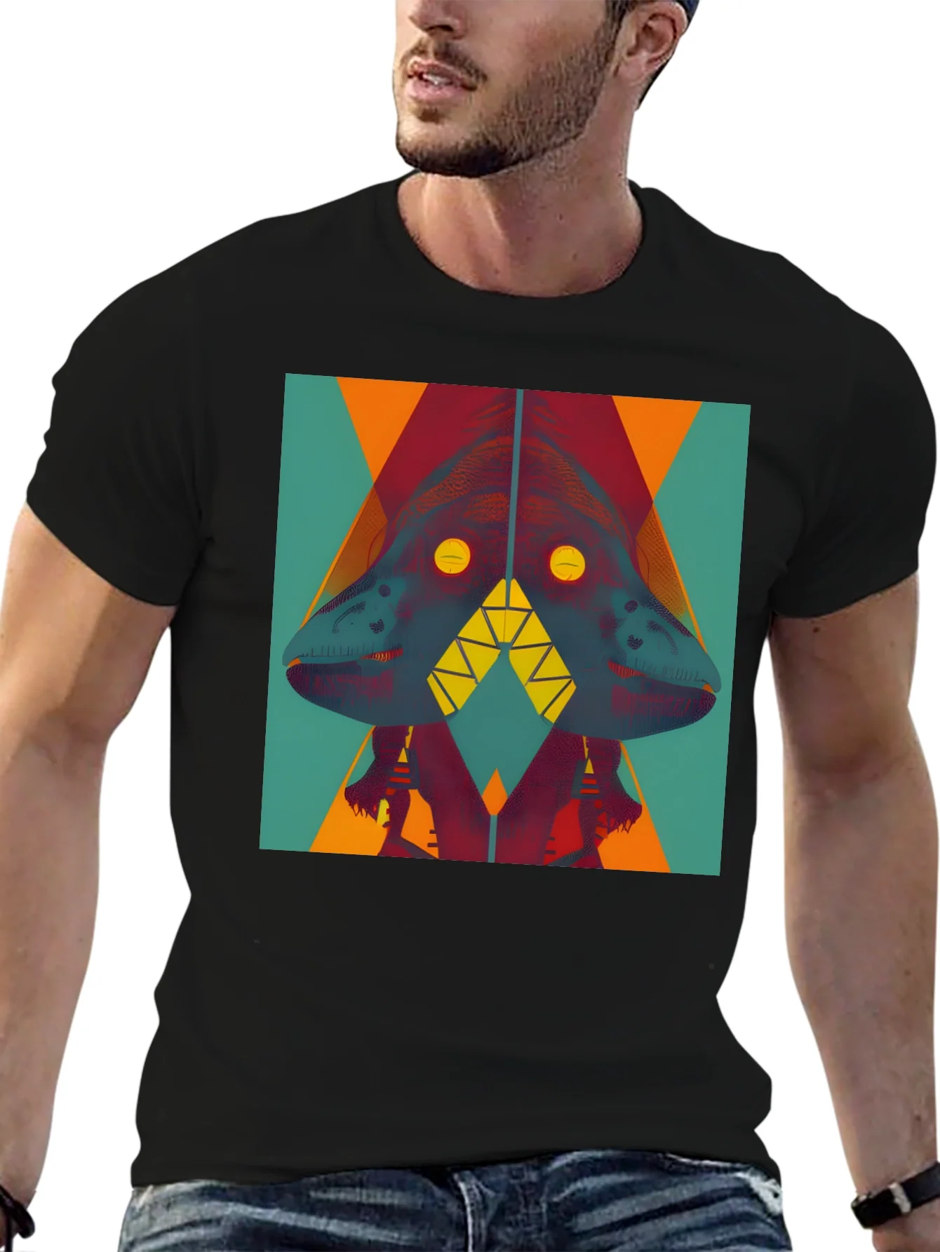 Camiseta Negra con Dise?o Abstracto de Dinosaurio