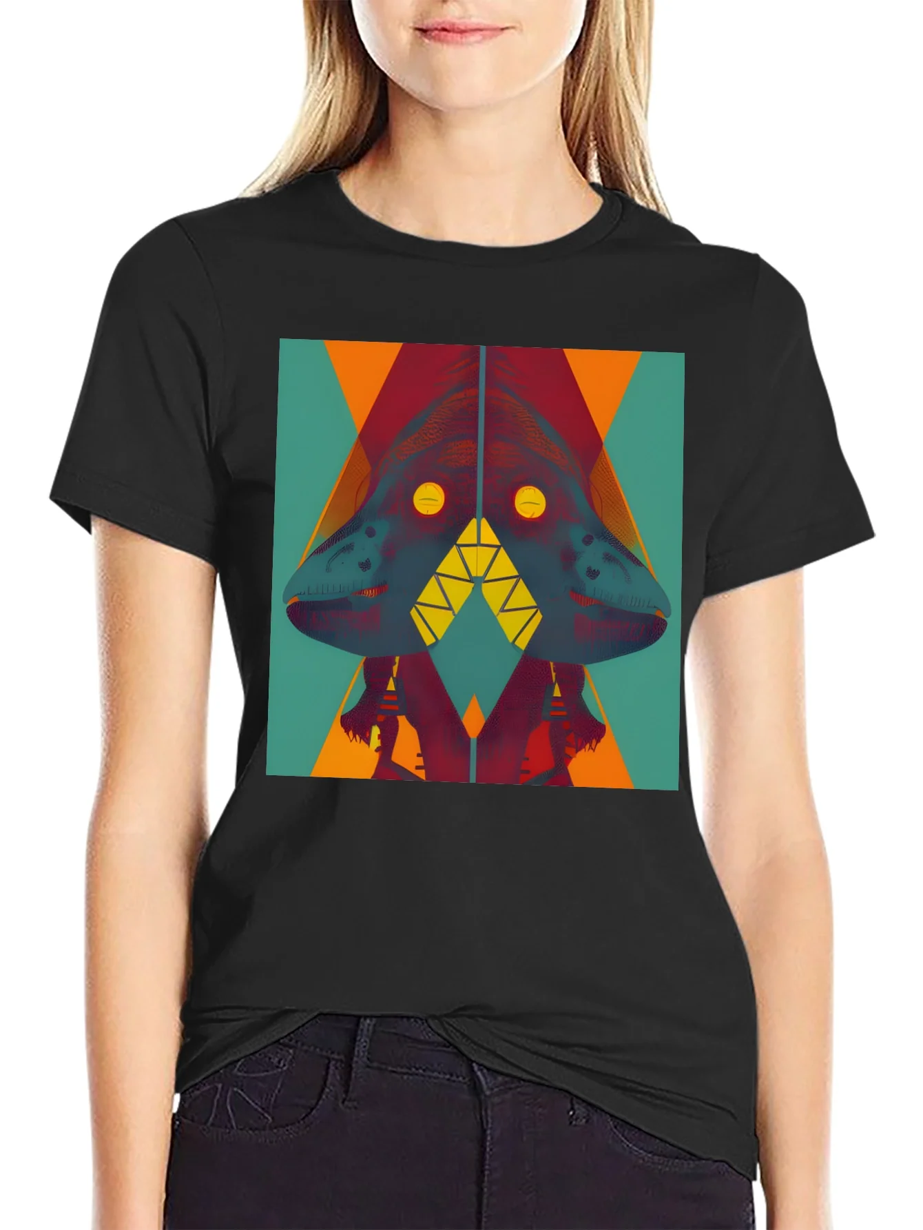 Camiseta Negra con Dise?o Abstracto de Dinosaurio