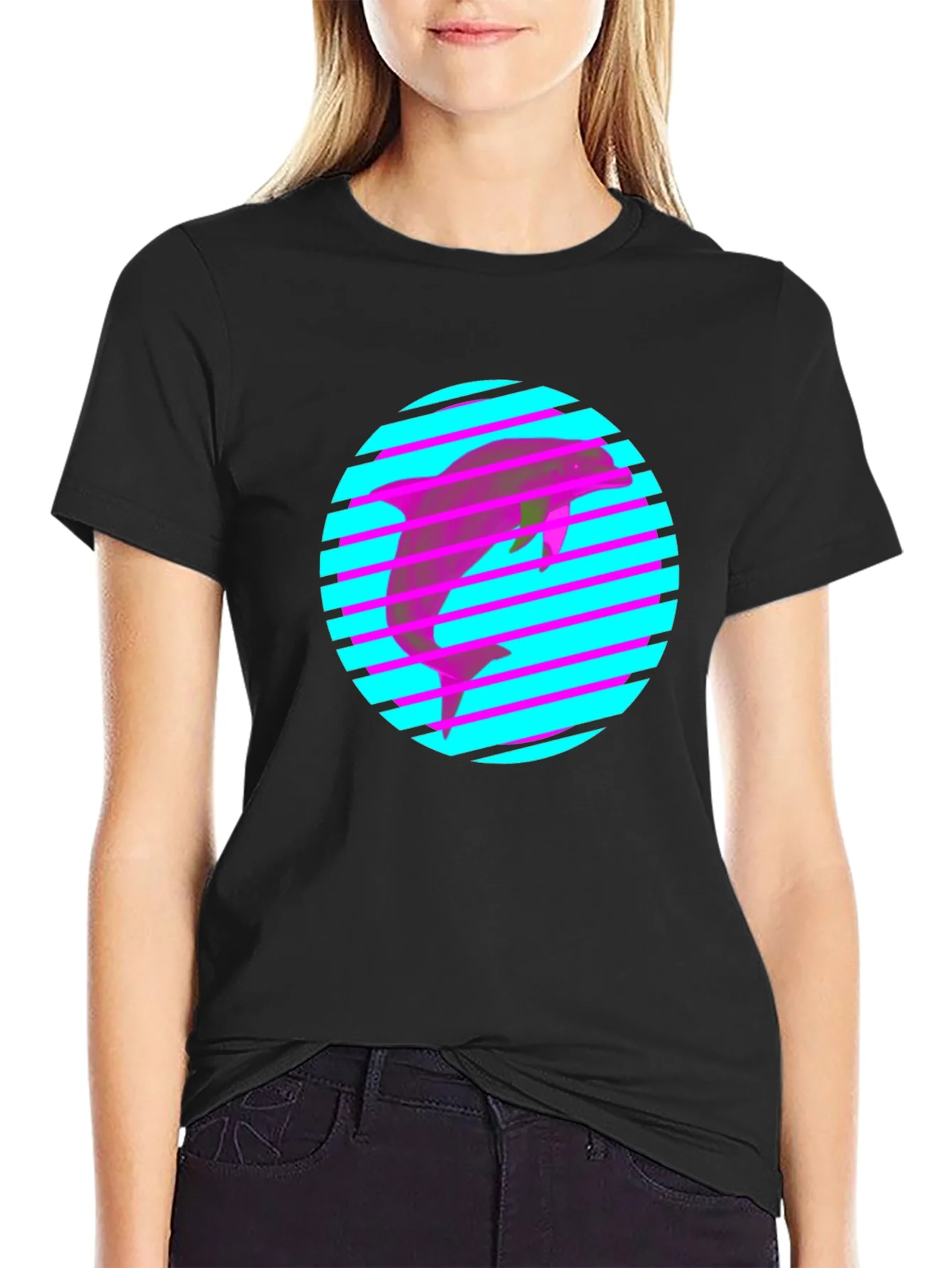 Camiseta Negra con Delf¨ªn Ne¨®n Retro
