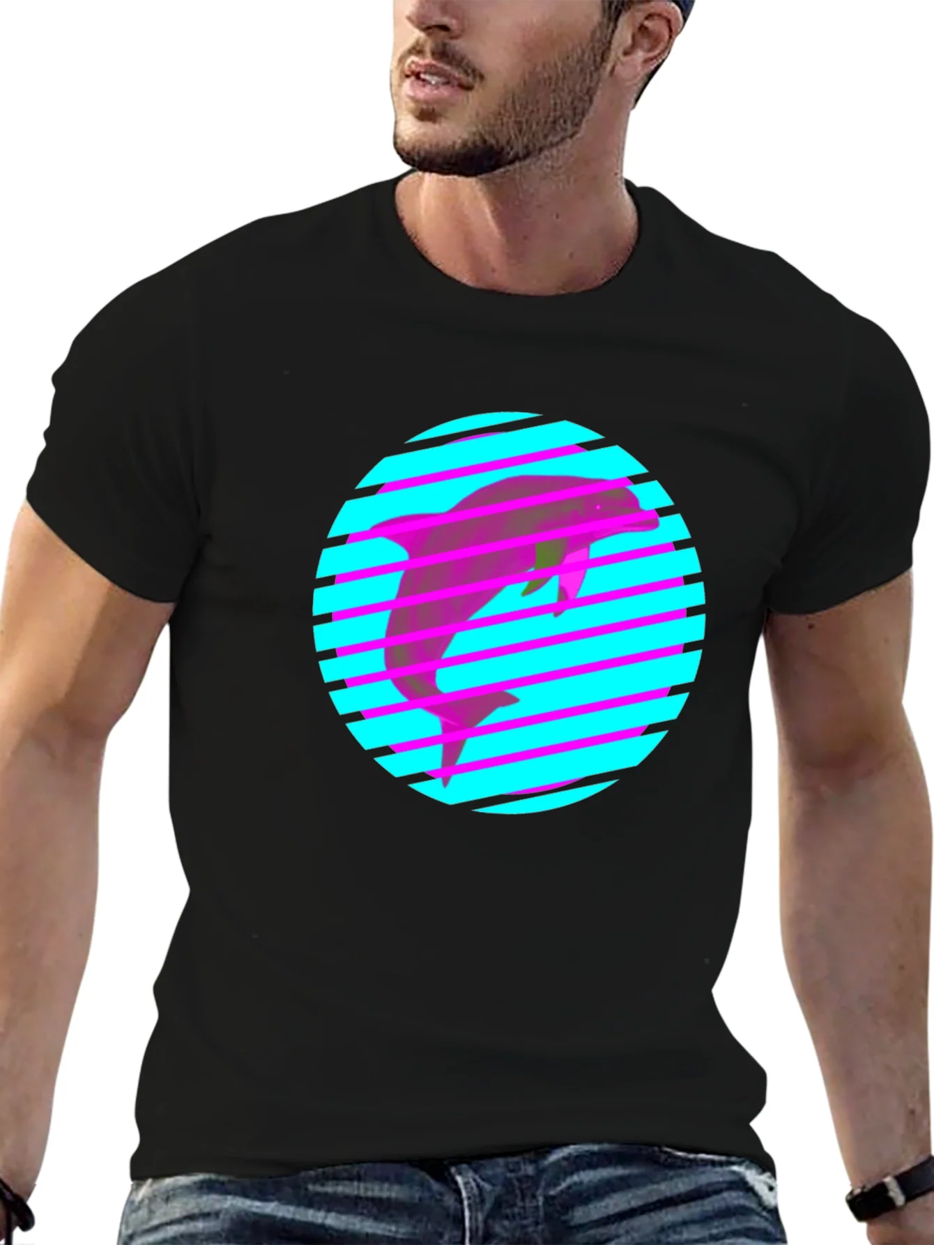Camiseta Negra con Delf¨ªn Ne¨®n Retro