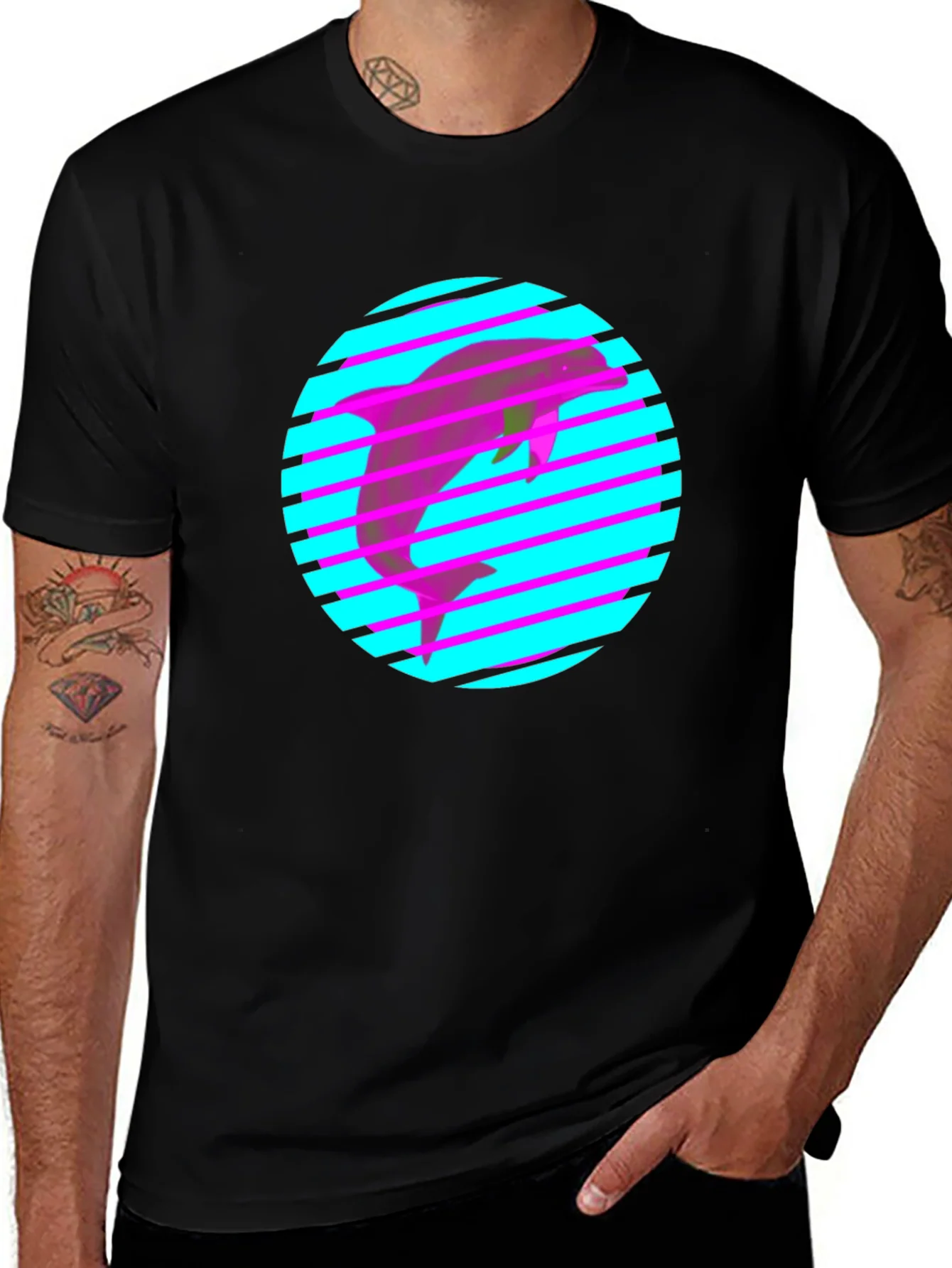 Camiseta Negra con Delf¨ªn Ne¨®n Retro