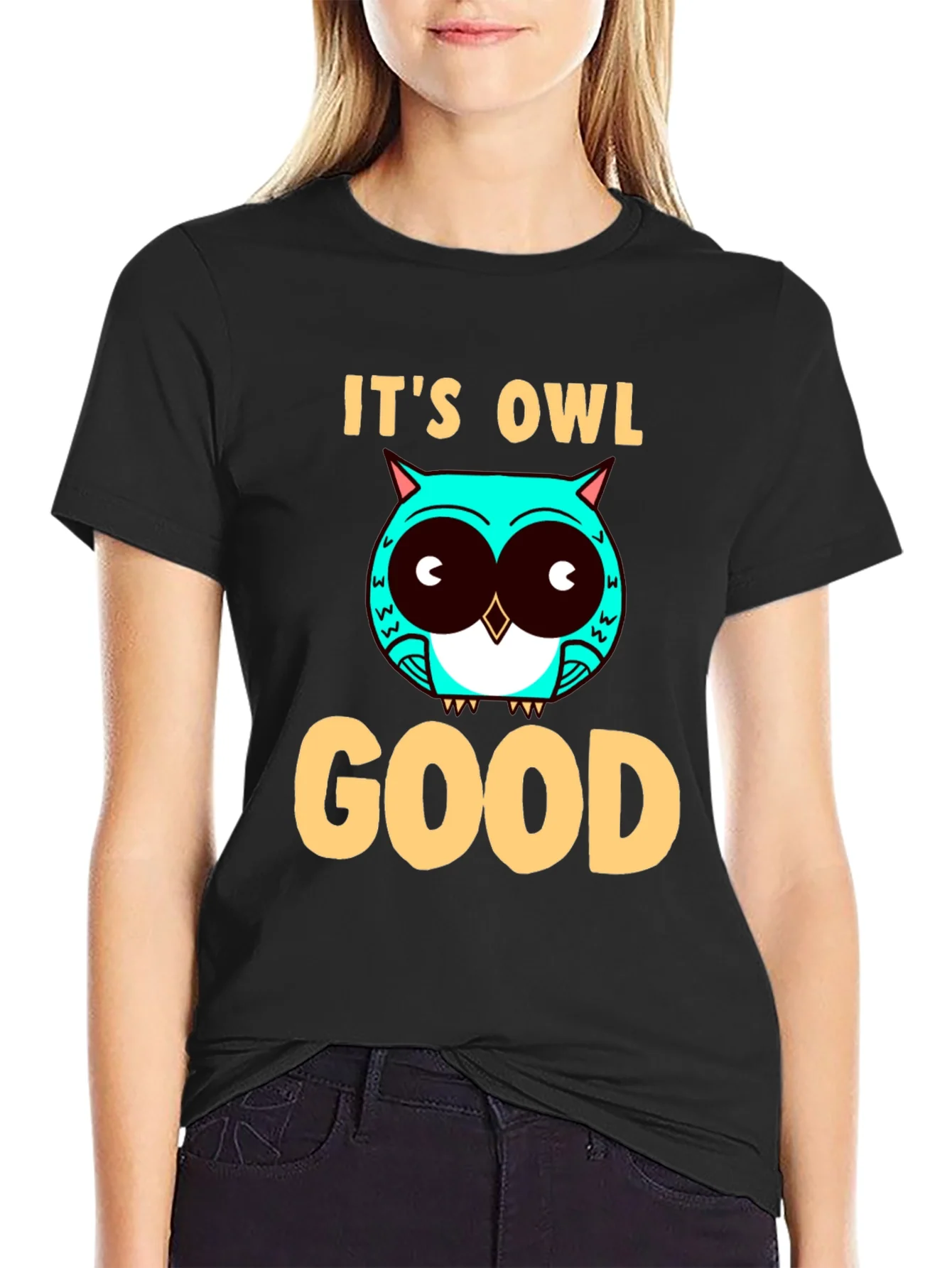 Camiseta Negra con Dise?o de B¨²ho Its Owl Good
