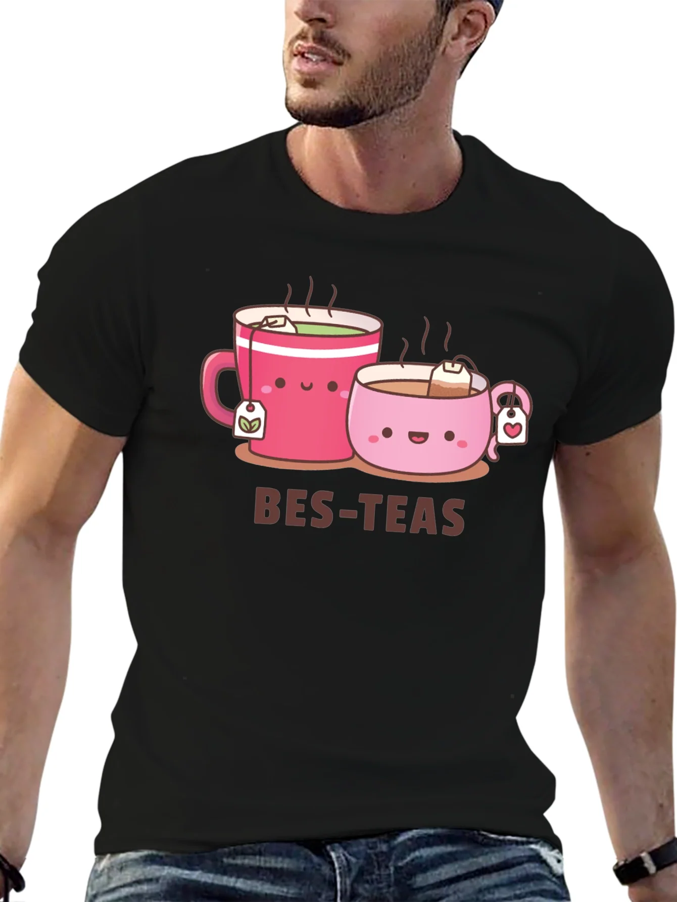 Camiseta Negra Bes-Teas con Dise?o de Tazas Adorable