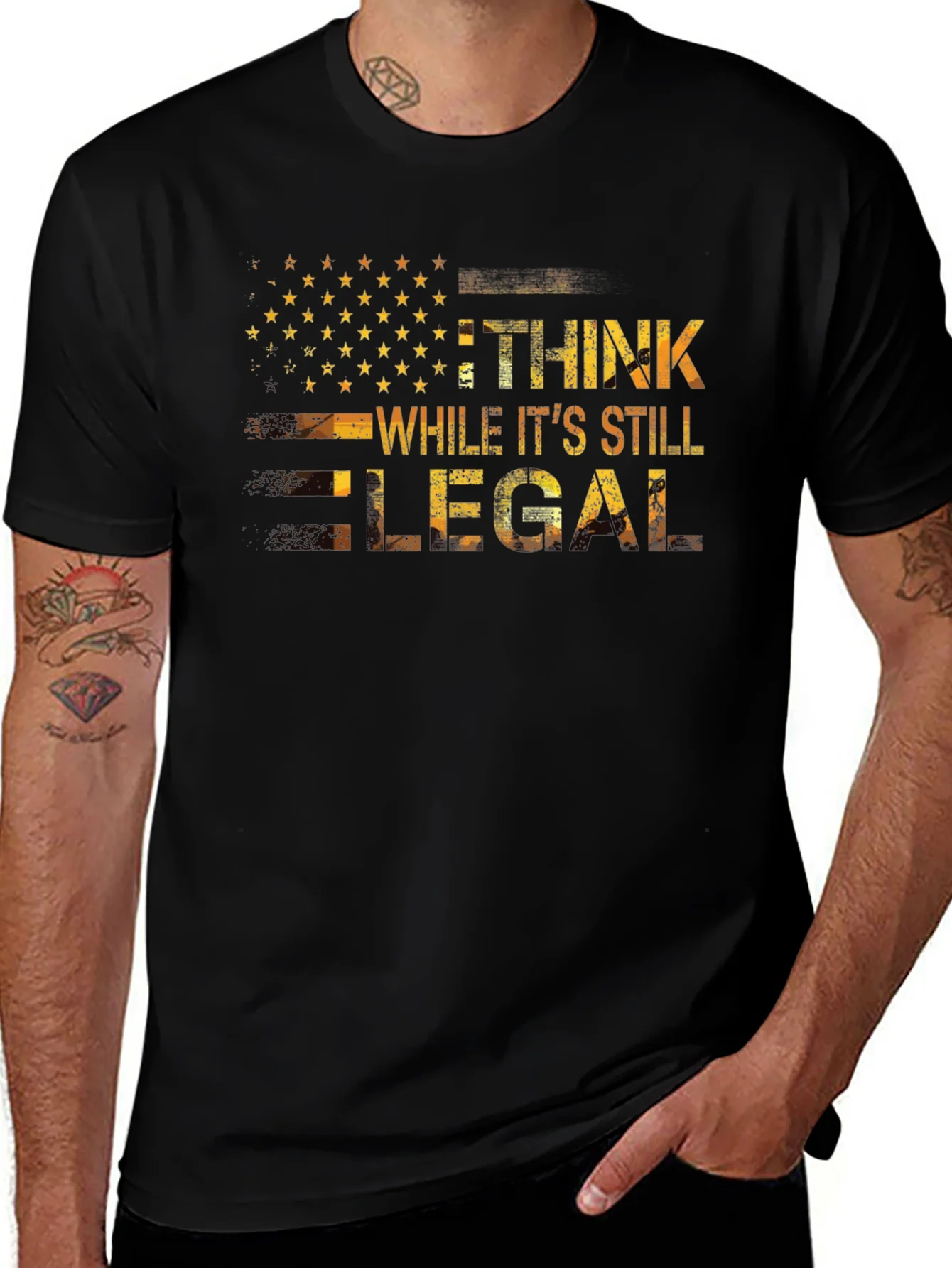 Camiseta Negra con Dise?o Patri¨®tico Piensa Legal