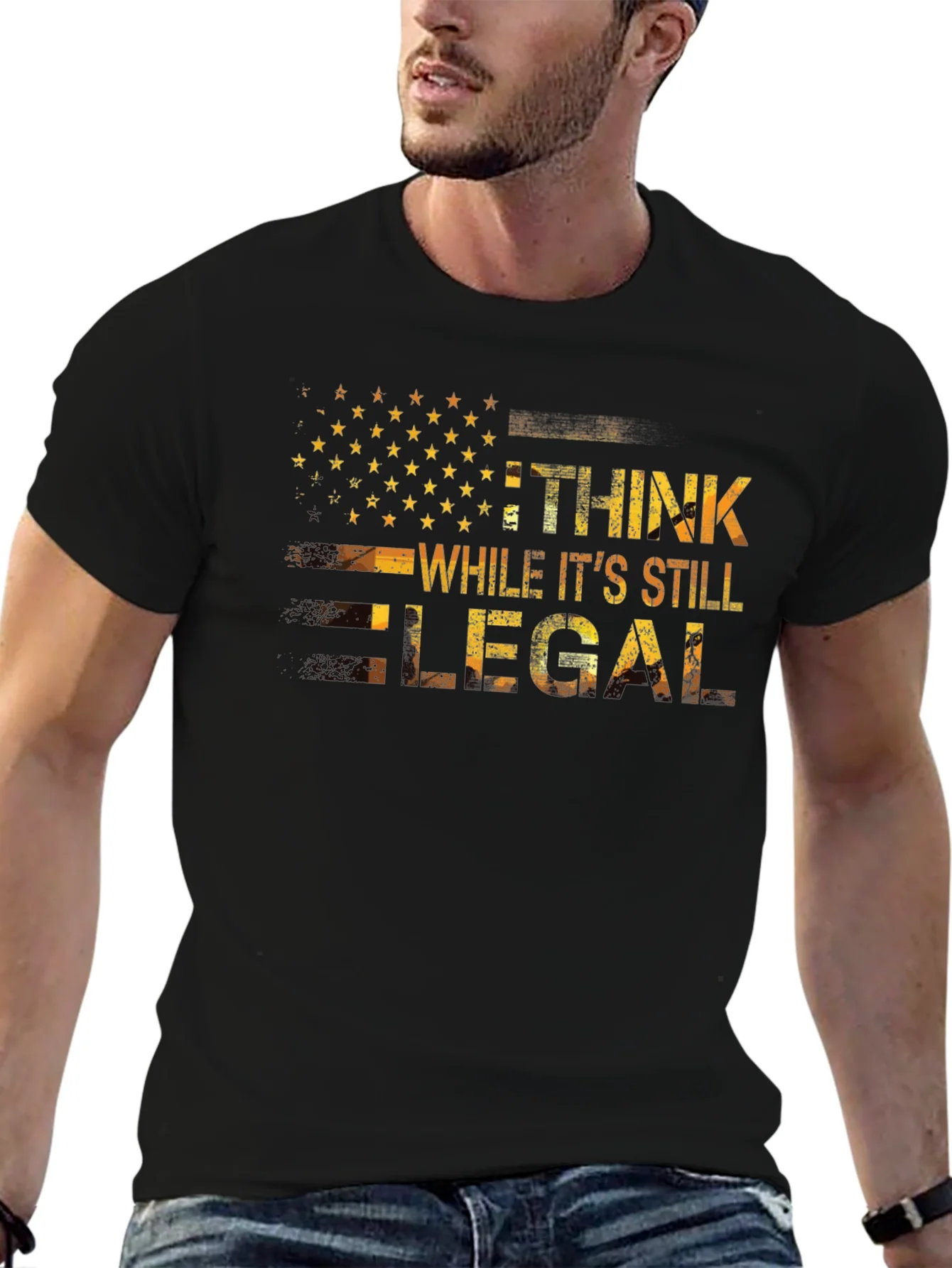 Camiseta Negra con Dise?o Patri¨®tico Piensa Legal