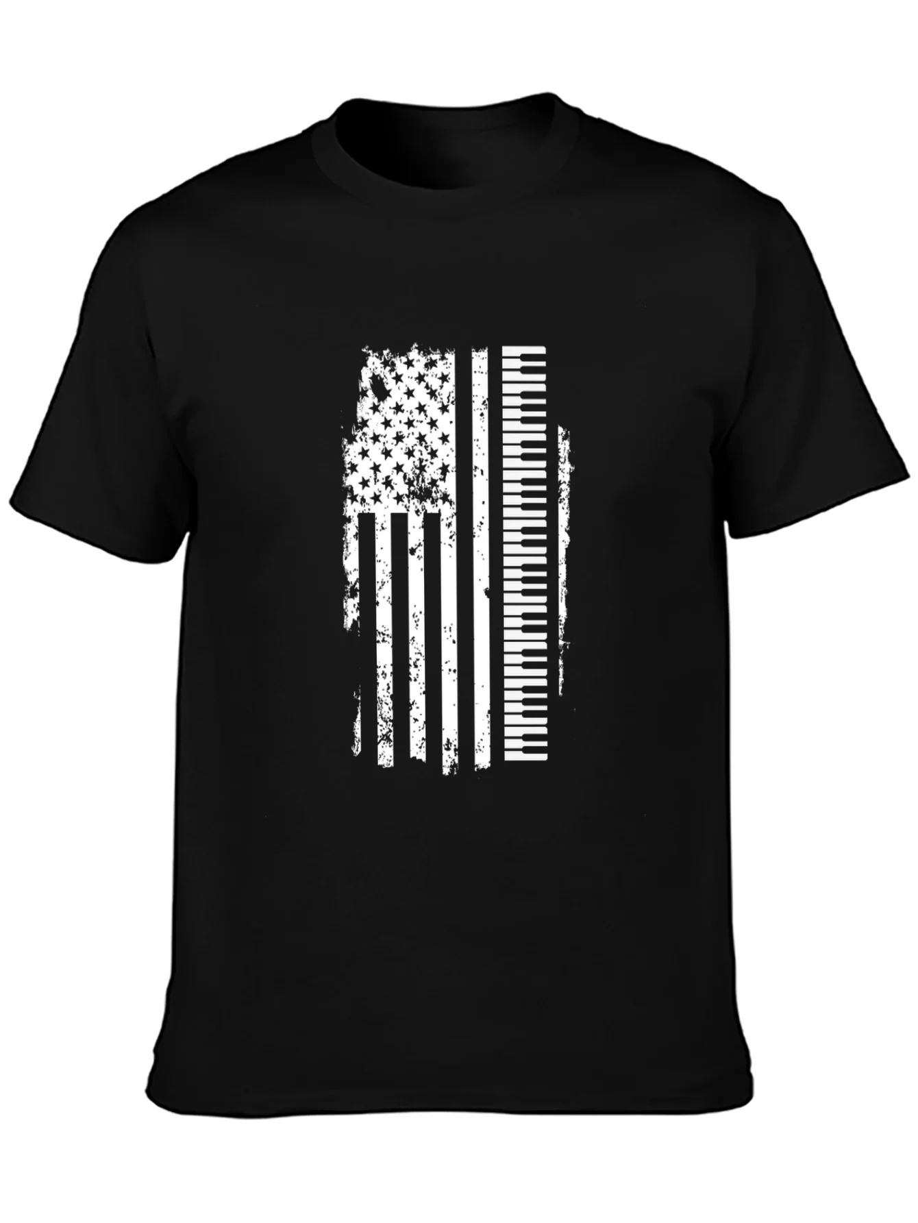 Camiseta Negra con Dise?o de Bandera Americana y Piano
