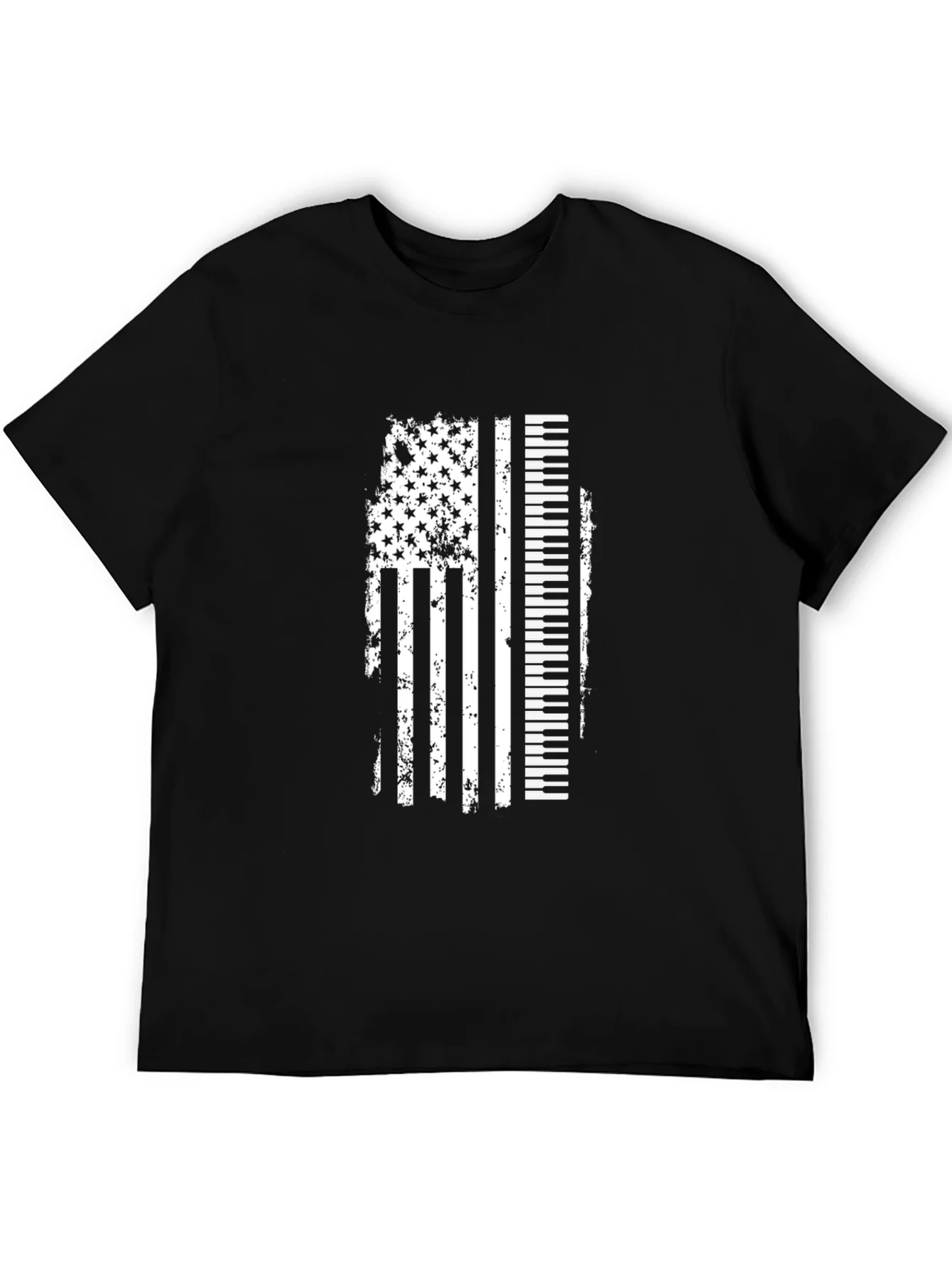Camiseta Negra con Dise?o de Bandera Americana y Piano