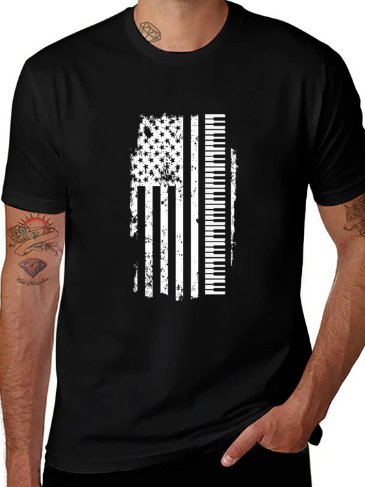 Camiseta Negra con Dise?o de Bandera Americana y Piano