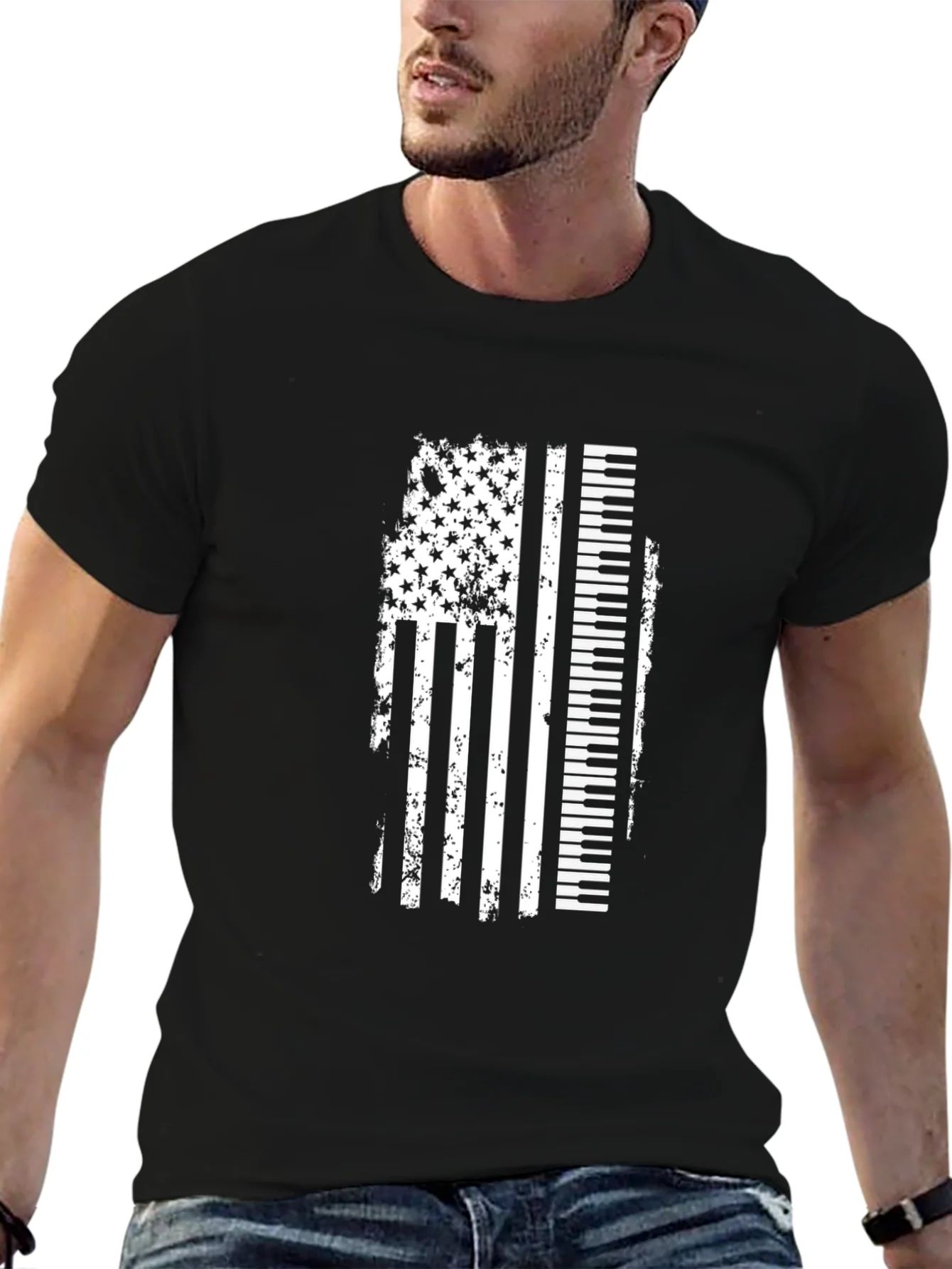 Camiseta Negra con Dise?o de Bandera Americana y Piano