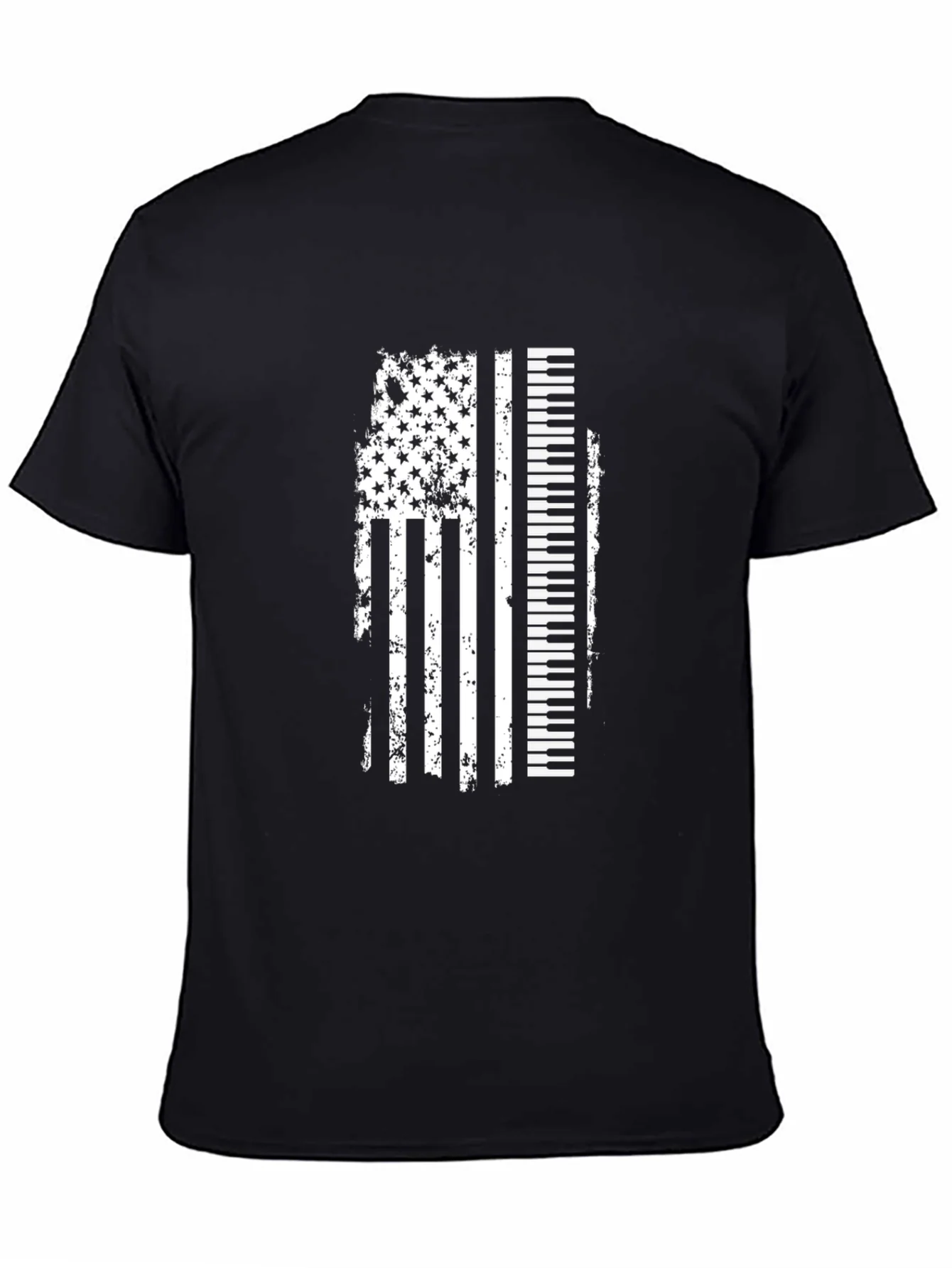 Camiseta Negra con Dise?o de Bandera Americana y Piano